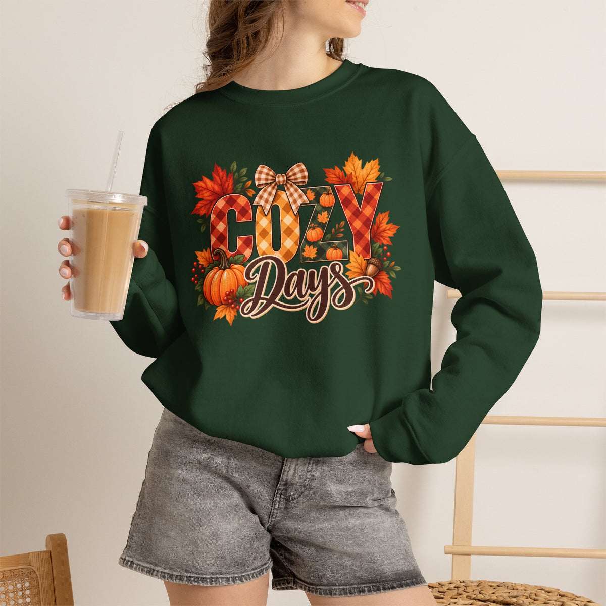 Cozy Days Sweatshirt,  Fall Pumpkin & Plaid Crewneck - 14525