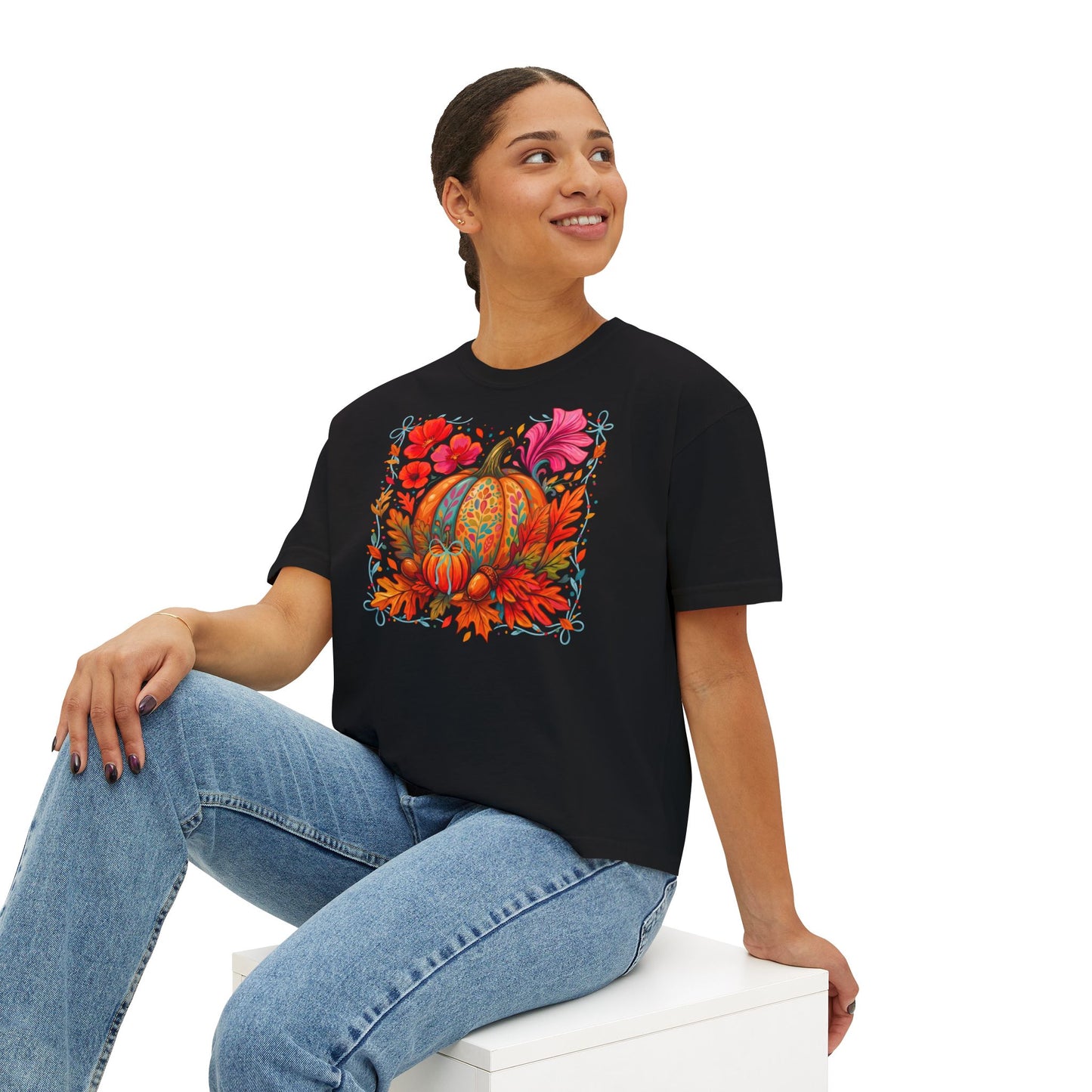 Autumn Pumpkin Floral Boxy T-Shirt,  Women’s Fall Harvest Graphic Tee - 14929
