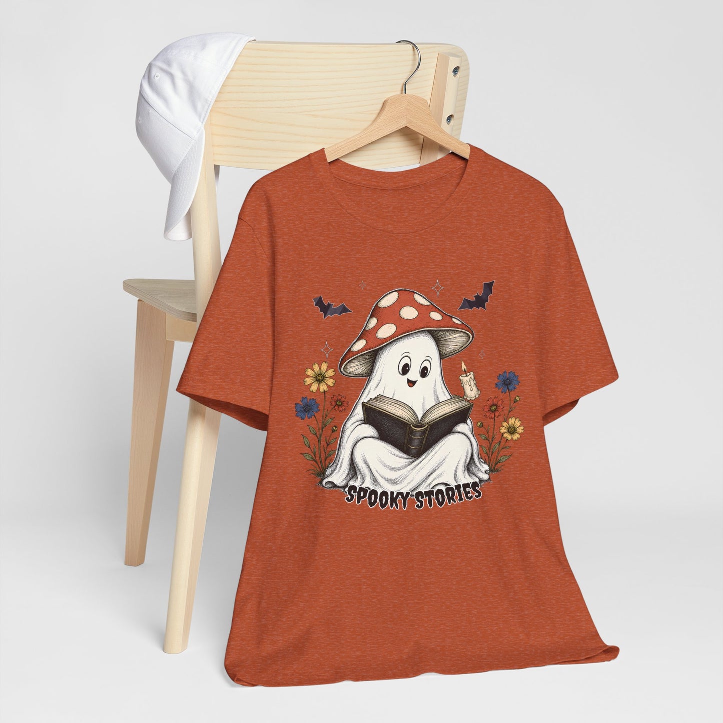 Spooky Stories Ghost T-Shirt, Cute Mushroom Ghost Reading Shirt for Halloween - 14970