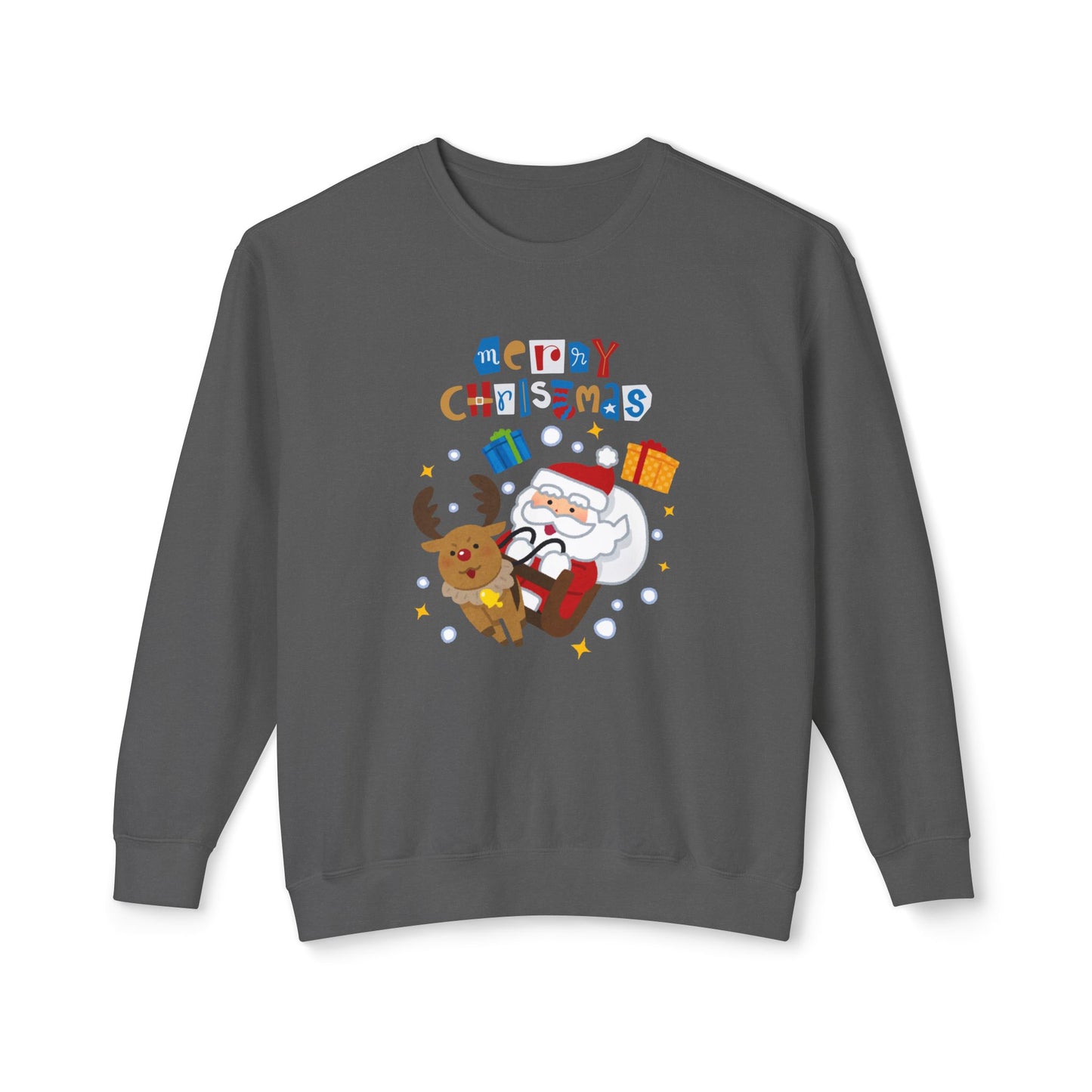 Merry Christmas, Santa & Reindeer - Unisex Lightweight Crewneck Sweatshirt - 10470