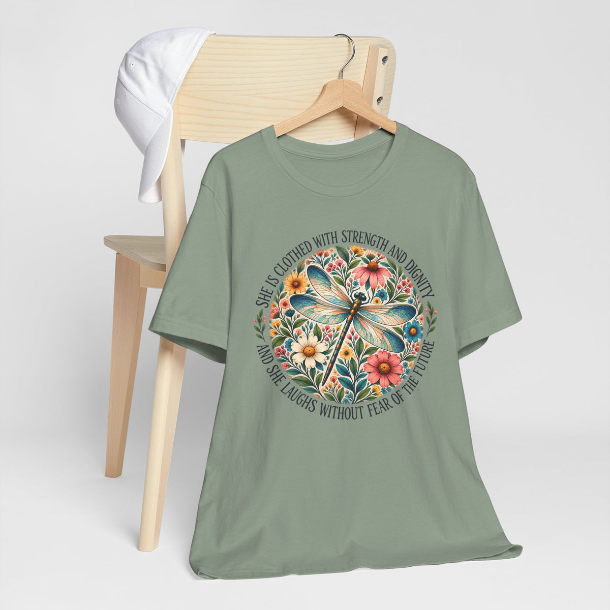 Dragonfly Floral T-Shirt, “She Is Clothed With Strength and Dignity” Inspirational Women’s Tee - 14993