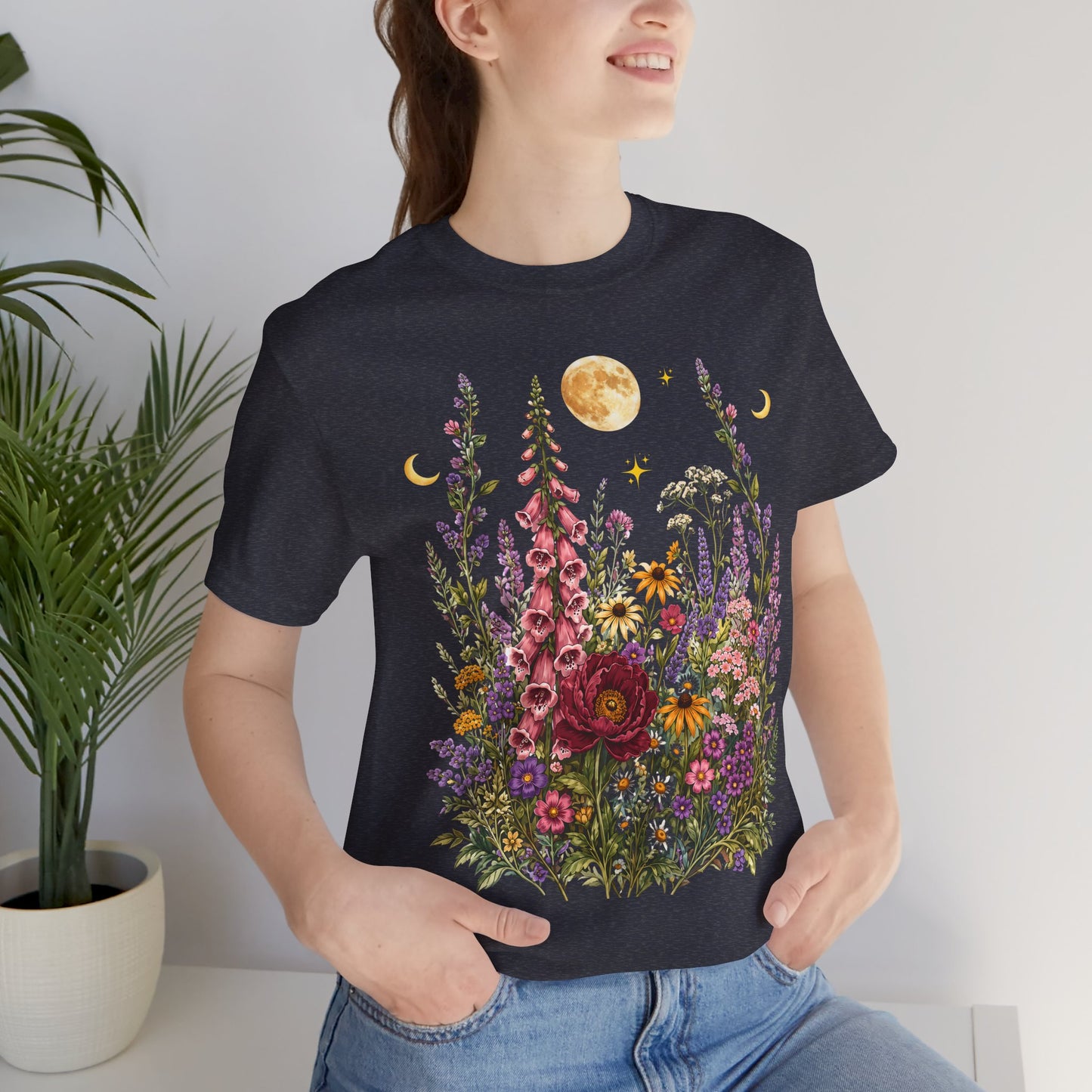 Floral Moon Garden T-Shirt, Vintage Wildflower & Celestial Graphic Tee - 14961