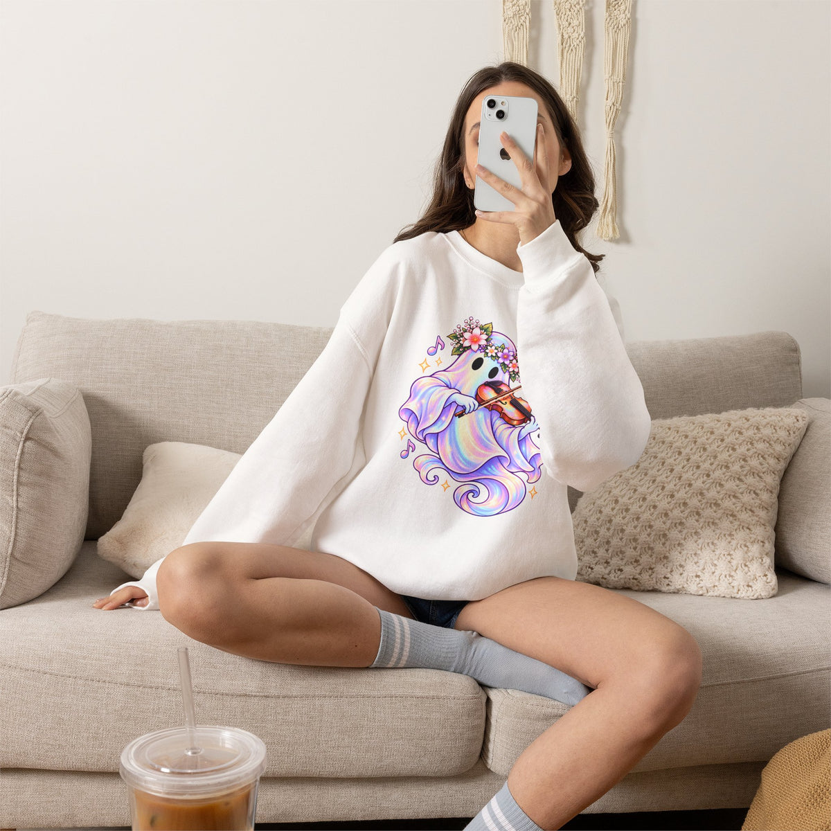 Ghost Violin Sweatshirt — Cute Floral Music Lover Crewneck - 14527