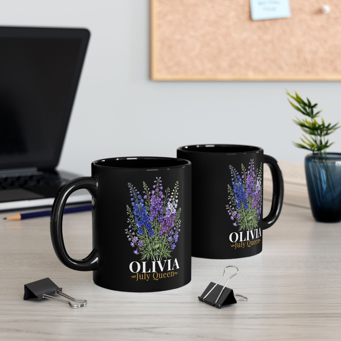 Personalized July Birth Flower Mug – Custom Name Larkspur Floral Coffee Cup, July Queen Gift for Her, Black Mug 11oz 15oz - 14905