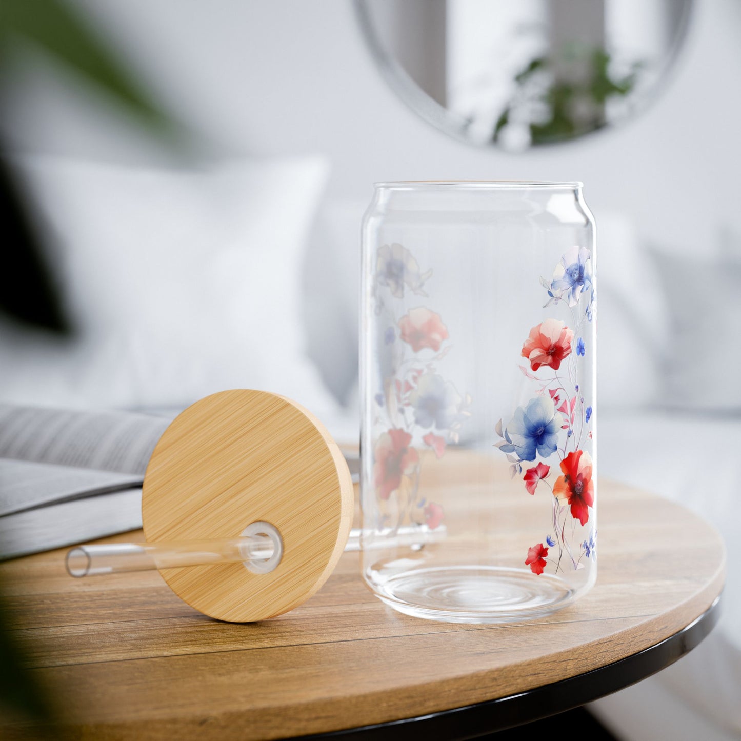 Red & Blue Flowers,  Customizable - Sipper Glass, 16oz - 10822