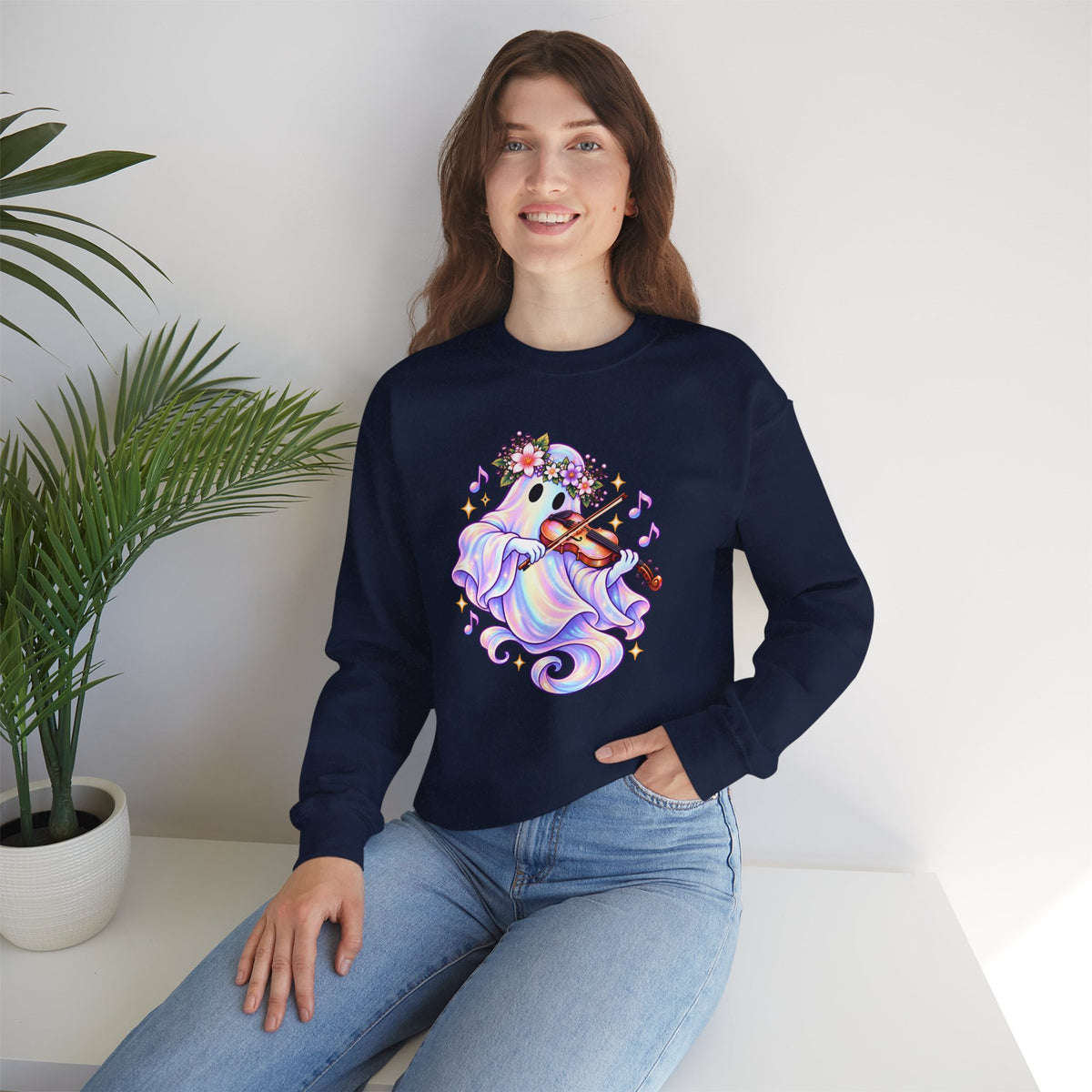 Ghost Violin Sweatshirt — Cute Floral Music Lover Crewneck - 14527