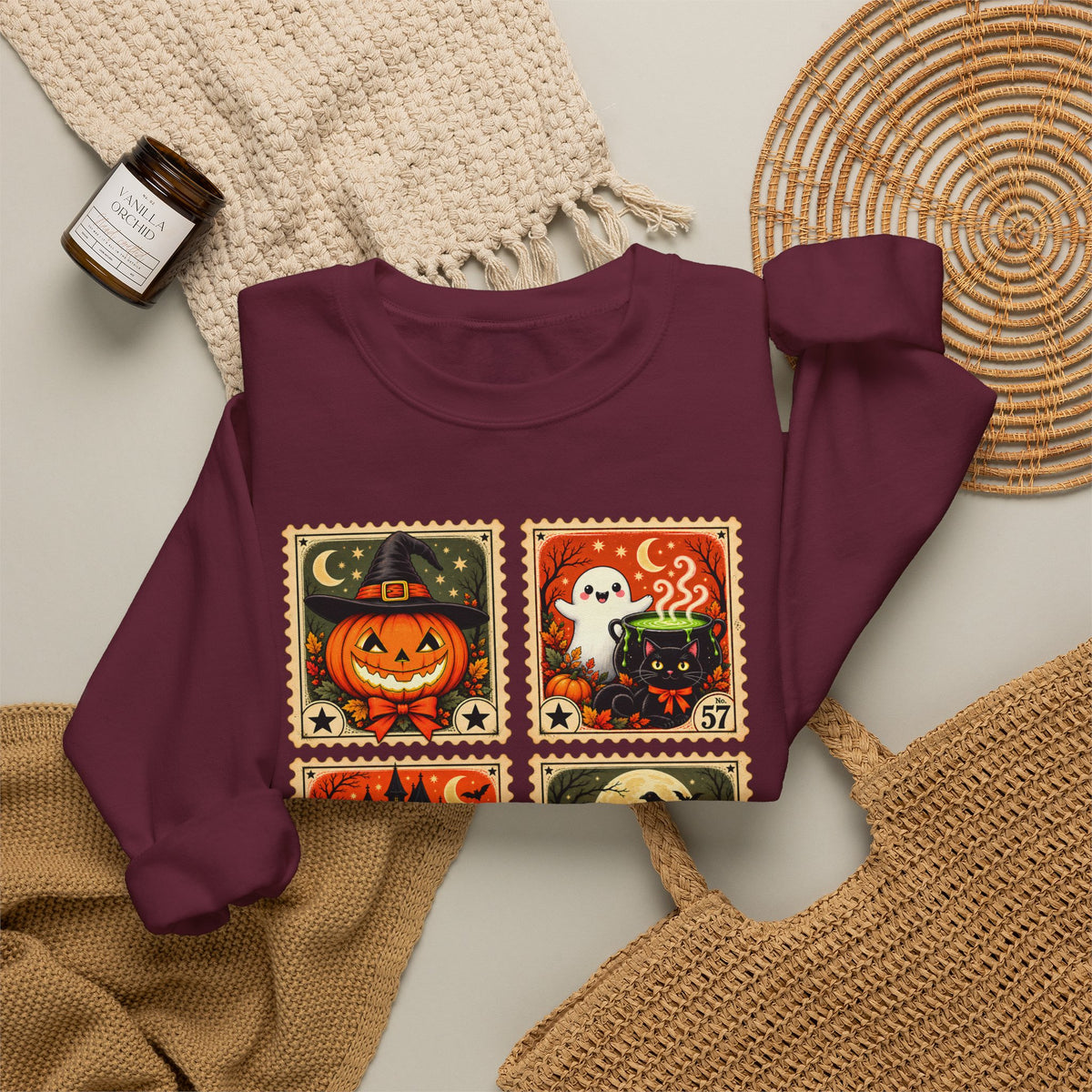 Vintage Halloween Stamp Sweatshirt, Spooky Pumpkin & Ghost Crewneck - 14510