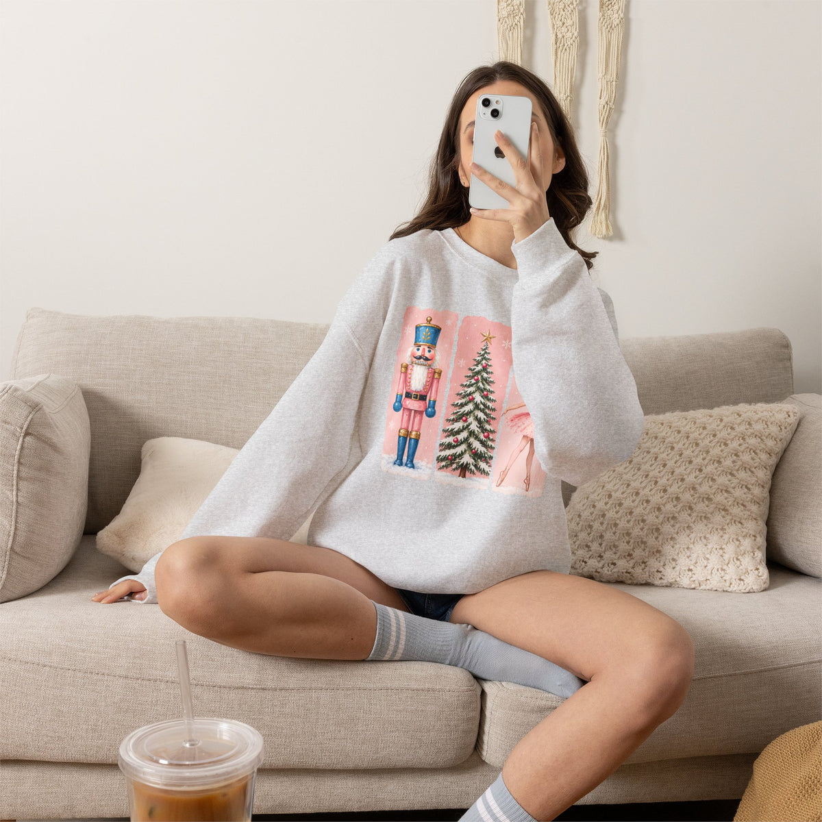 Christmas Nutcracker & Ballerina Sweatshirt, Vintage Pink Holiday Crewneck - 14568