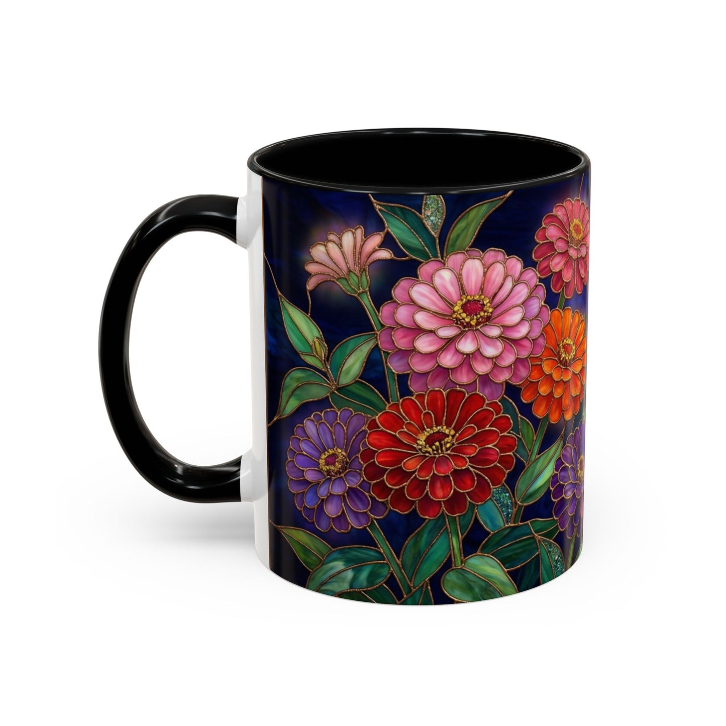 Zinnias Floral Accent Coffee Mug — Stained Glass Design 11/15oz - 14591