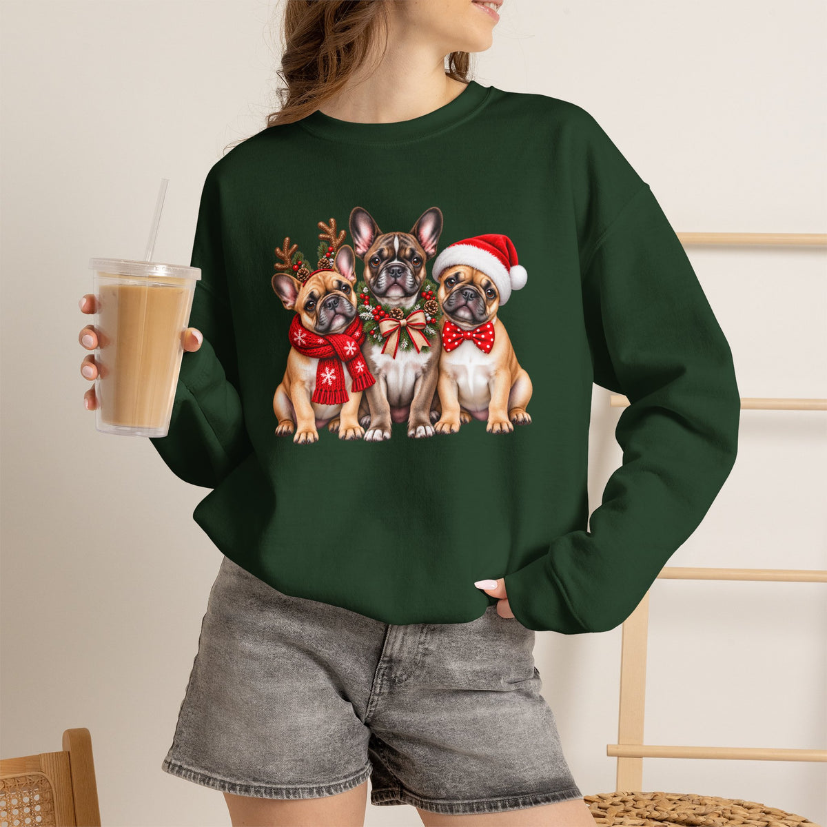 Christmas French Bulldog Sweatshirt, Cute Festive Frenchie Crewneck - 14556