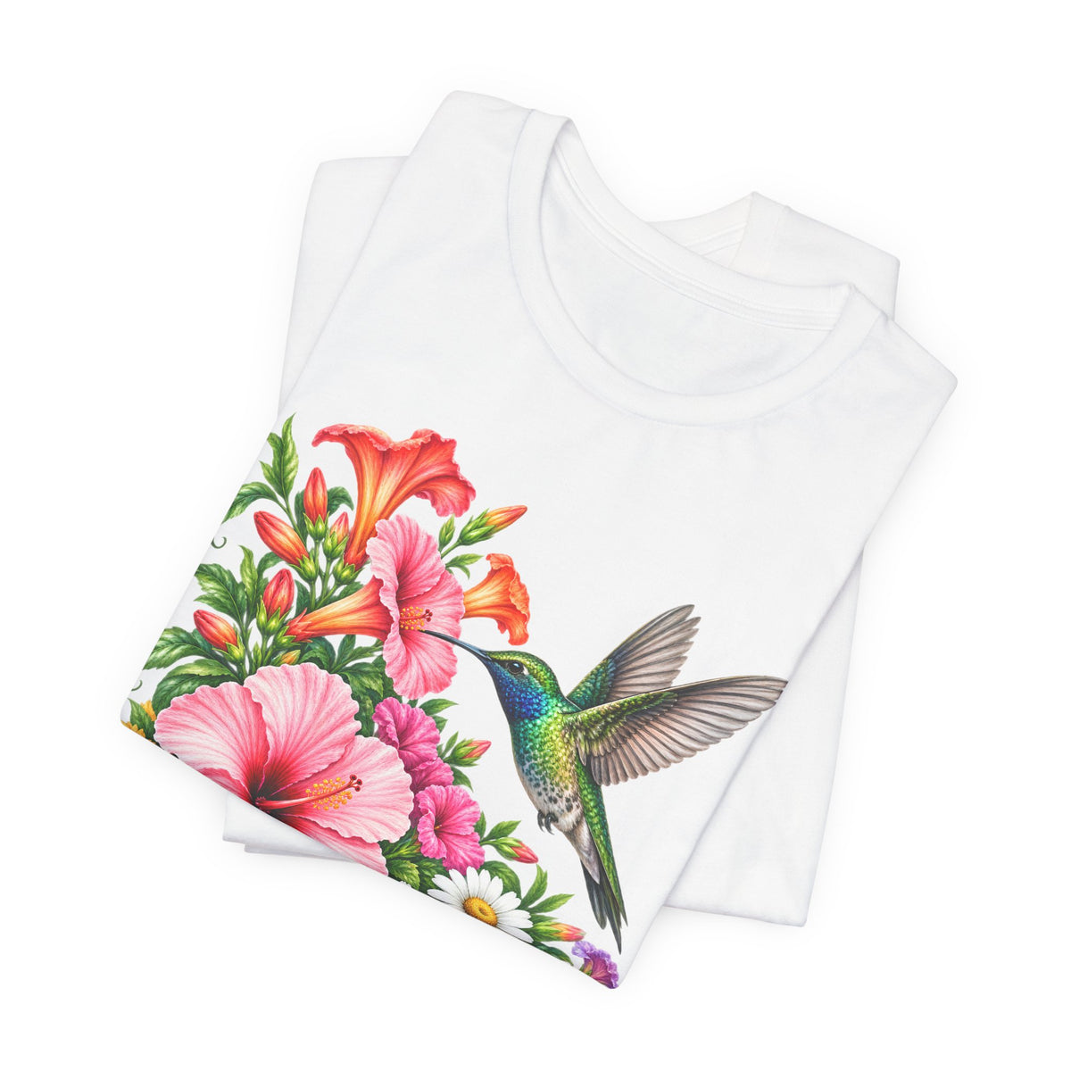 Hummingbird & Hibiscus T-Shirt, Colorful Tropical Floral Garden Tee - 14542
