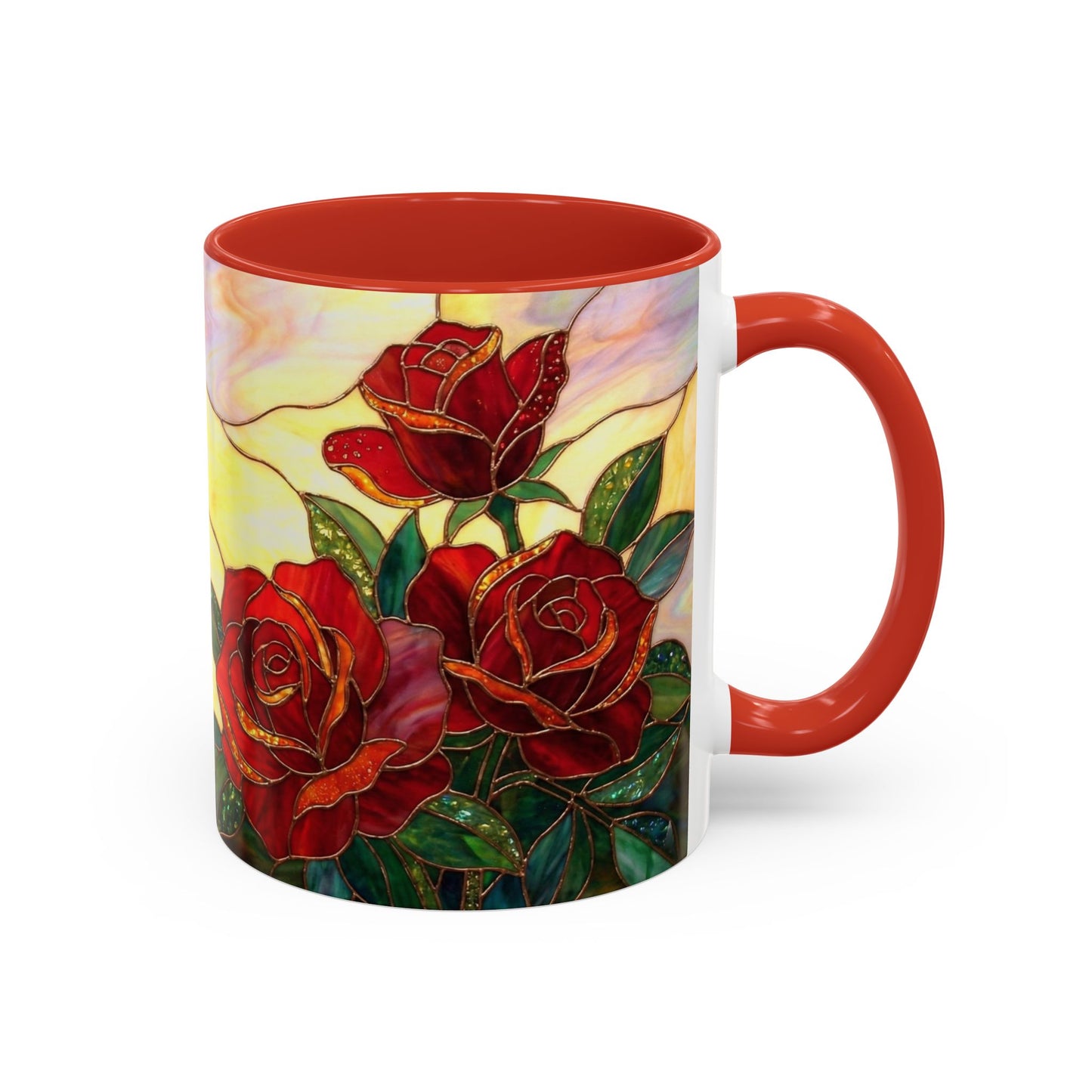 Rose Stained Glass Accent Coffee Mug – Red Roses Floral 11/15oz - 14539