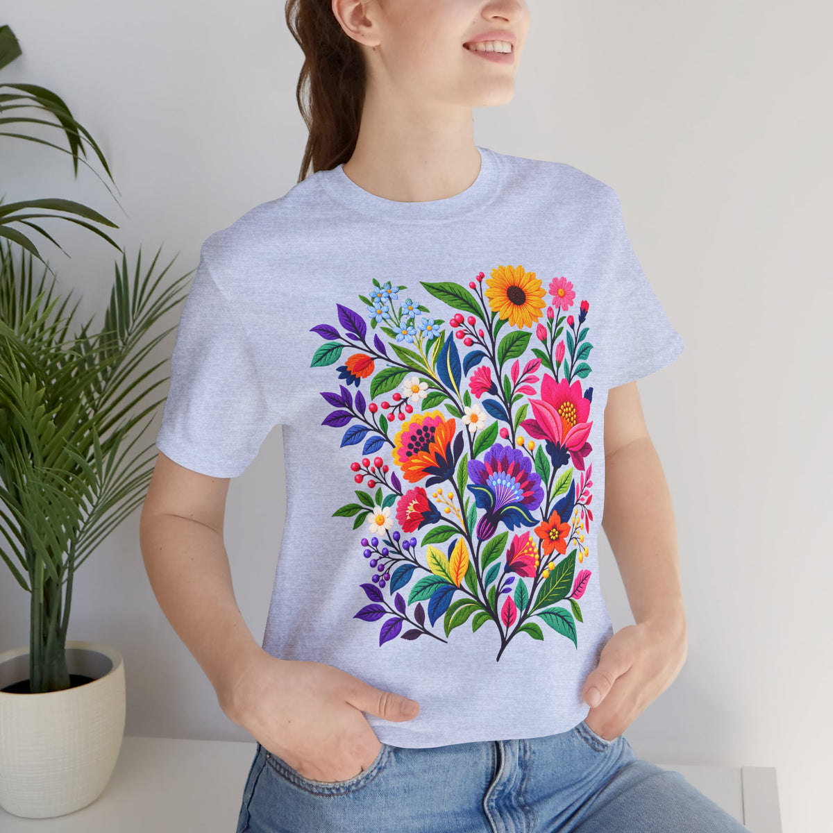 Bright Folk Art Floral T-Shirt, Colorful Flower Bouquet Tee - 14513