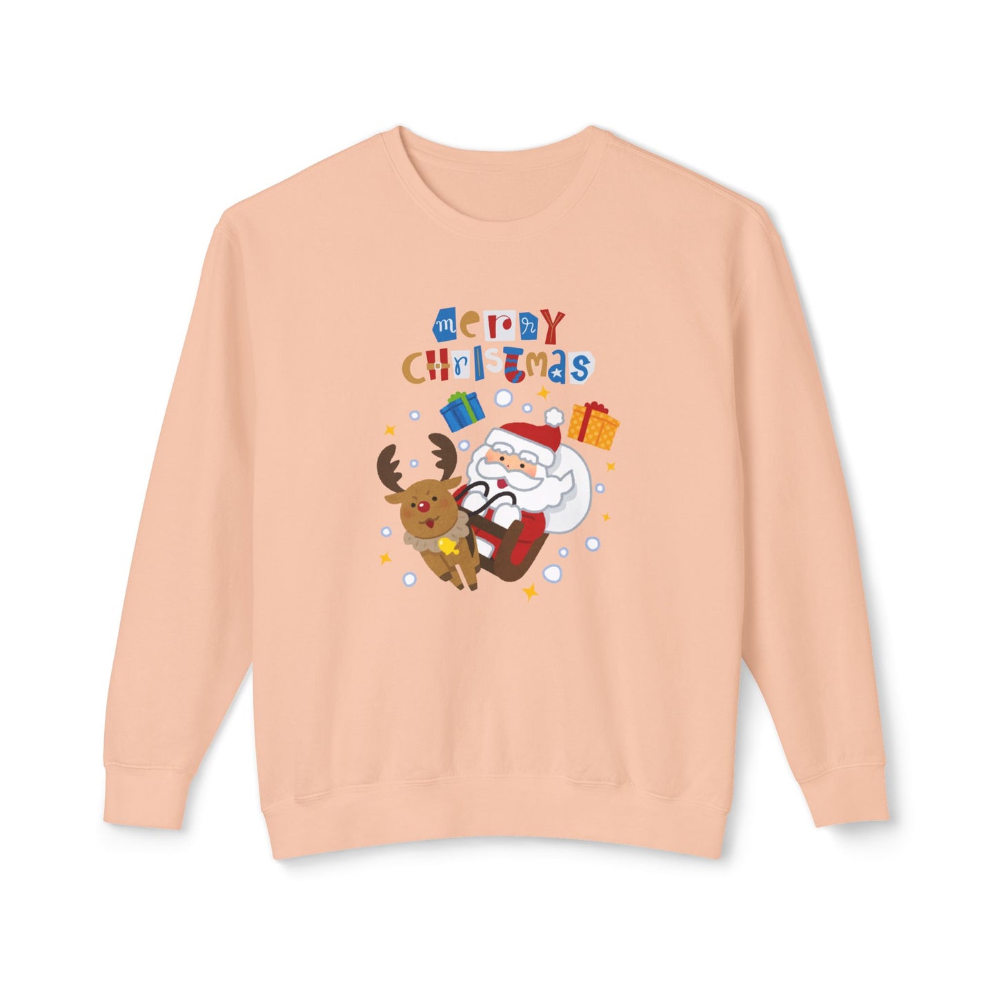 Merry Christmas, Santa & Reindeer - Unisex Lightweight Crewneck Sweatshirt - 10470