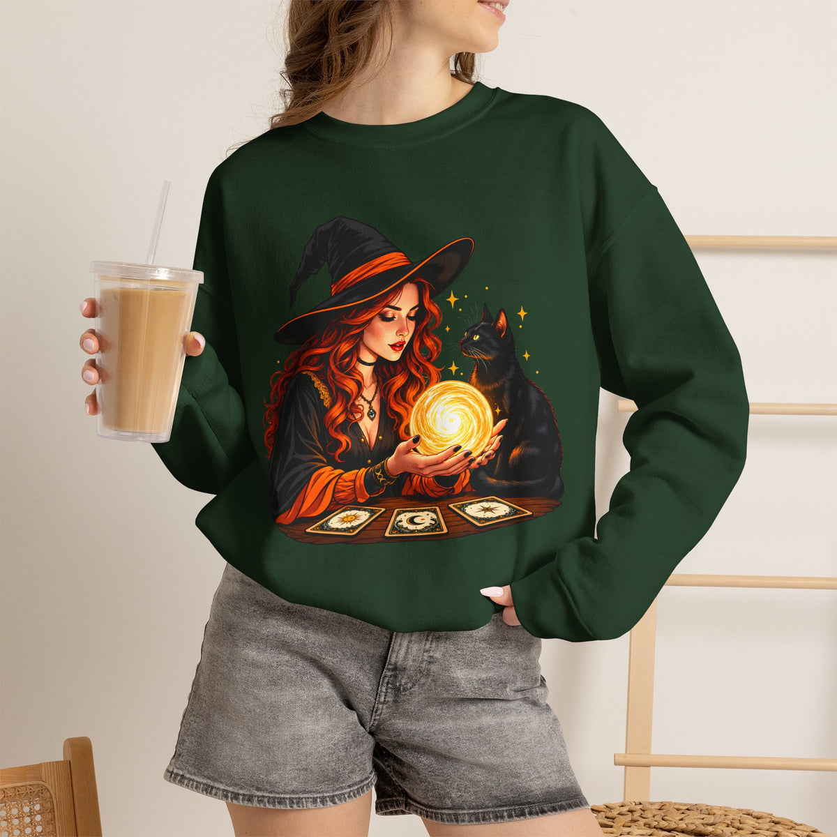 Witch Tarot Crewneck Sweatshirt, Mystic Fortune Teller & Black Cat Design - 14504