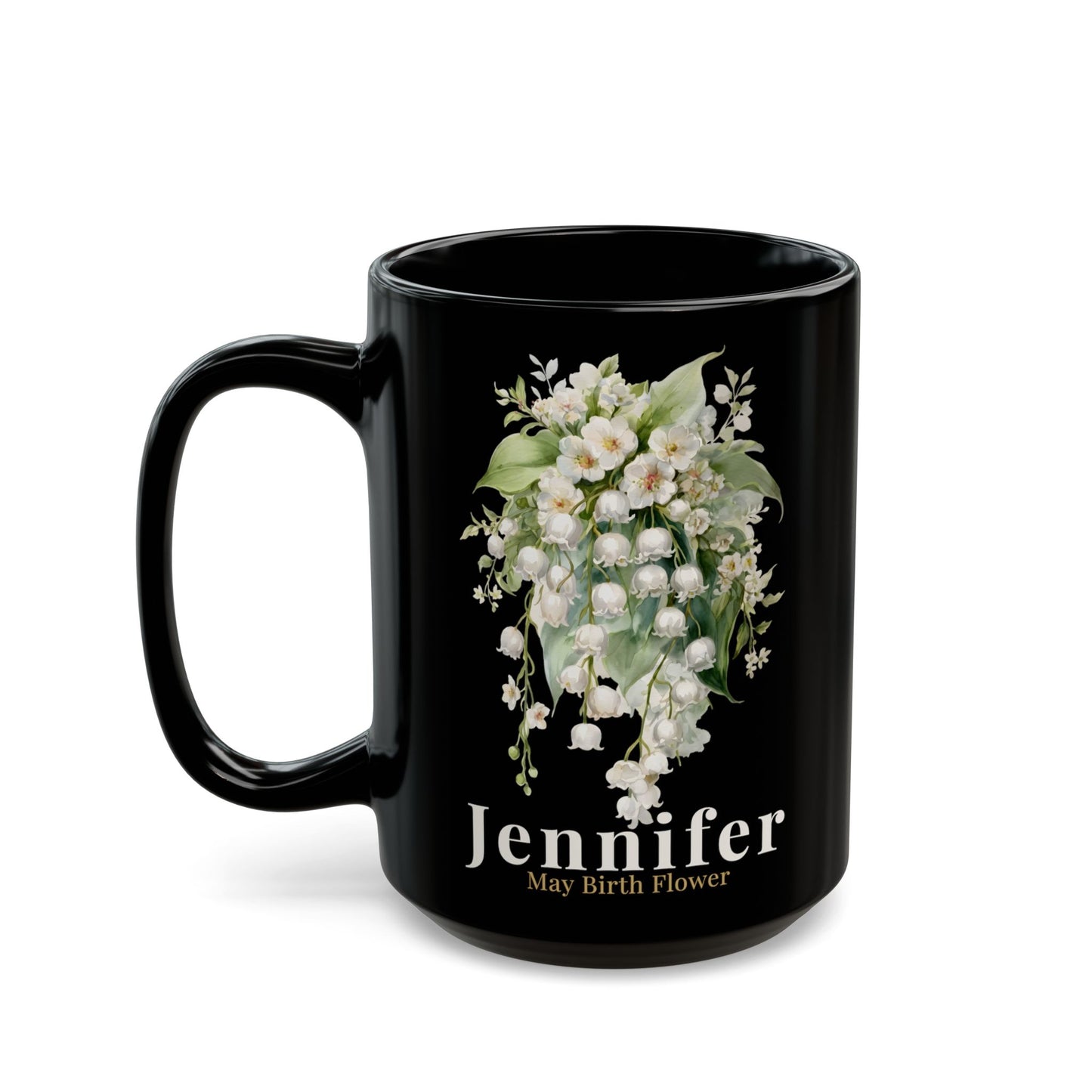 Custom Name May Birth Flower Mug – Lily of the Valley Personalized 15oz Black Mug Gift for Her - 14885
