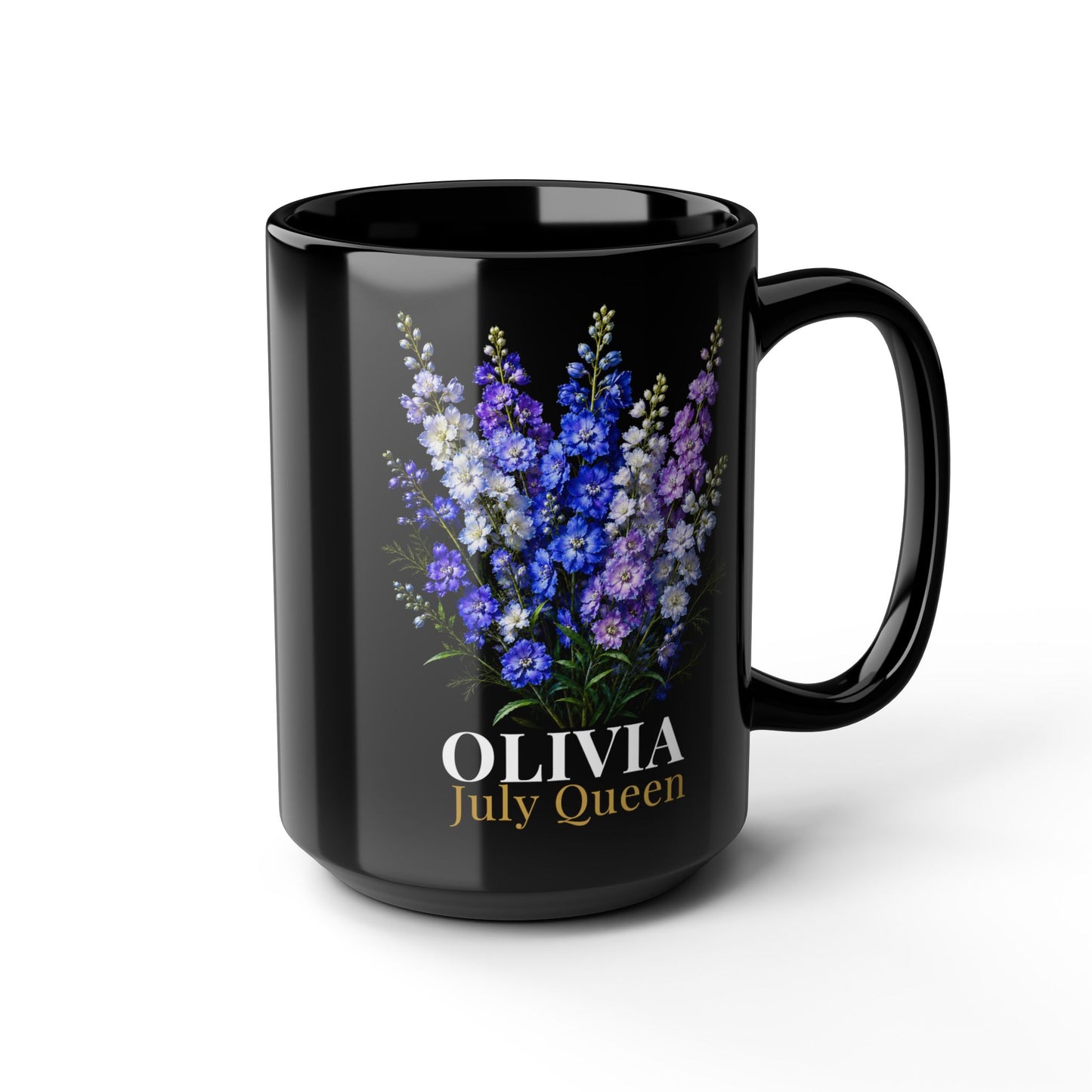 Personalized July Birth Flower Mug – Custom Name Larkspur Floral Coffee Cup, July Queen Gift for Her, Black Mug 11oz 15oz - 14907