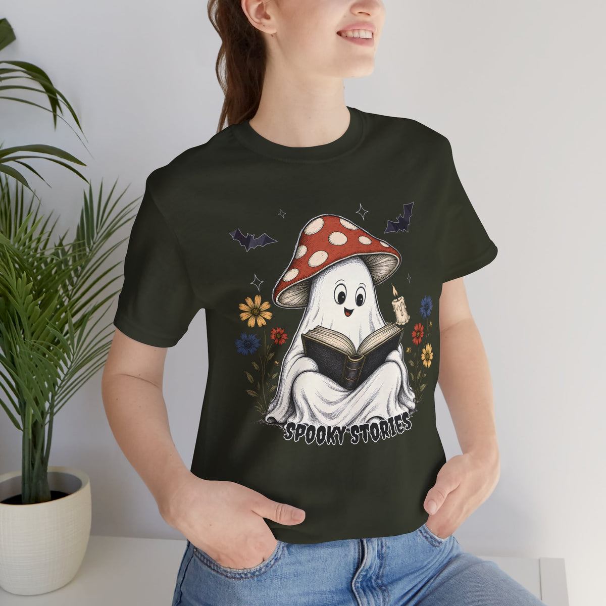 Spooky Stories Ghost T-Shirt, Cute Mushroom Ghost Reading Shirt for Halloween - 14970