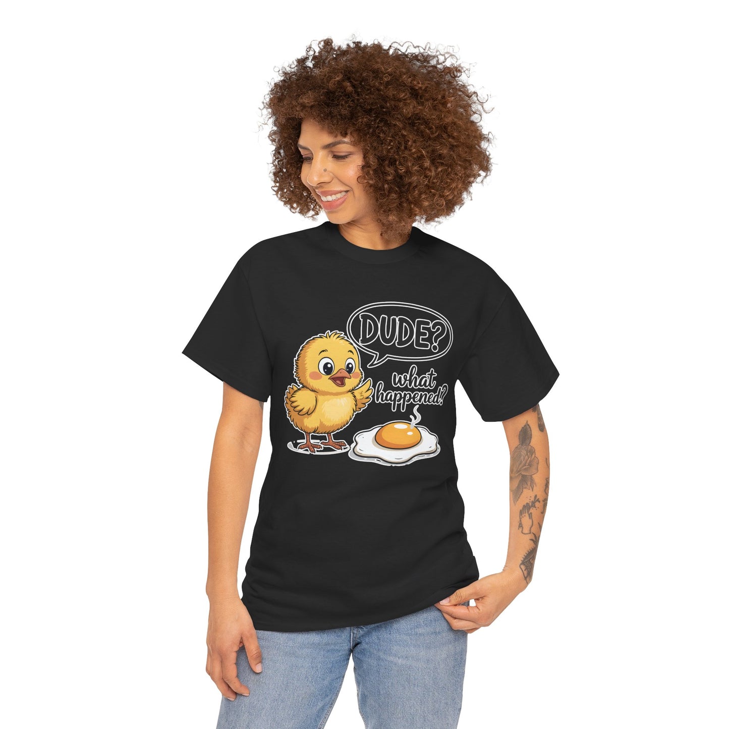 Funny Chicken T-Shirt – “Dude? What Happened?” Cute Chick & Egg Humor Tee Gift - 14849