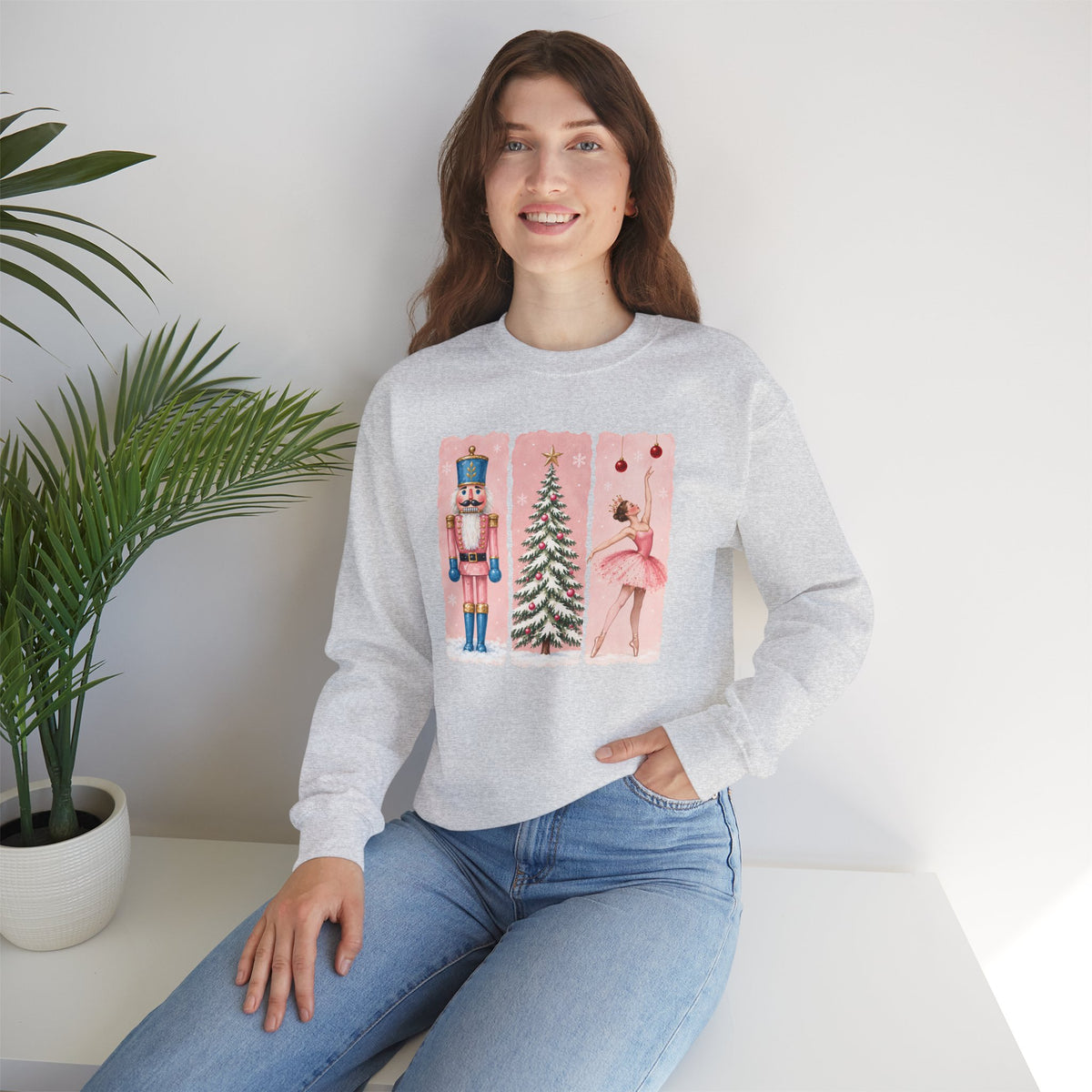 Christmas Nutcracker & Ballerina Sweatshirt, Vintage Pink Holiday Crewneck - 14568
