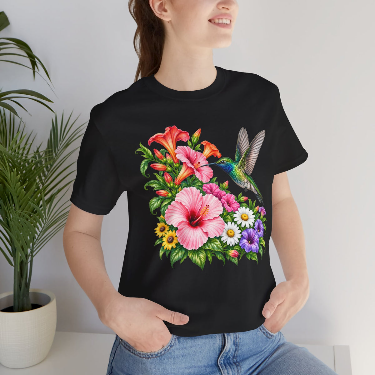Hummingbird & Hibiscus T-Shirt, Colorful Tropical Floral Garden Tee - 14542