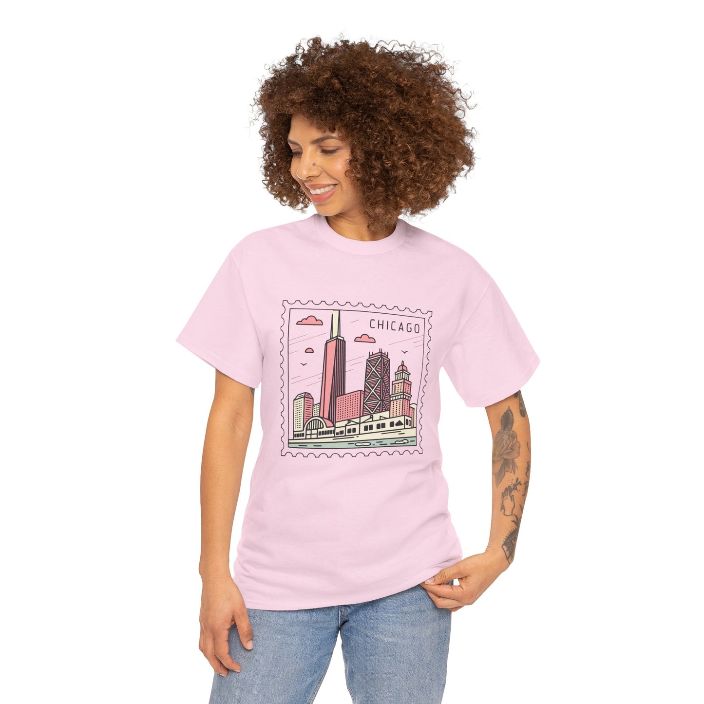 Chicago Skyline Postage Stamp Unisex Heavy Cotton Tee - 12130