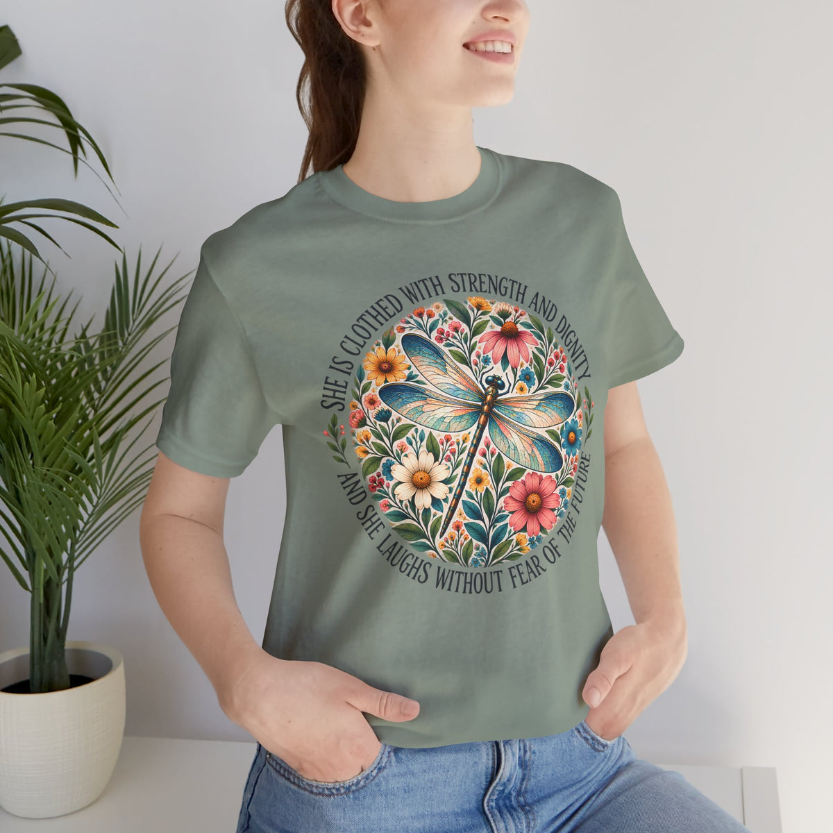 Dragonfly Floral T-Shirt, “She Is Clothed With Strength and Dignity” Inspirational Women’s Tee - 14993