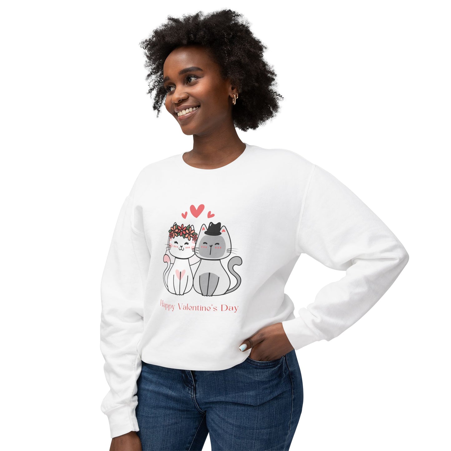 Two Cats, Happy Valentine's Day - Unisex Lightweight Crewneck Sweatshirt - 11387