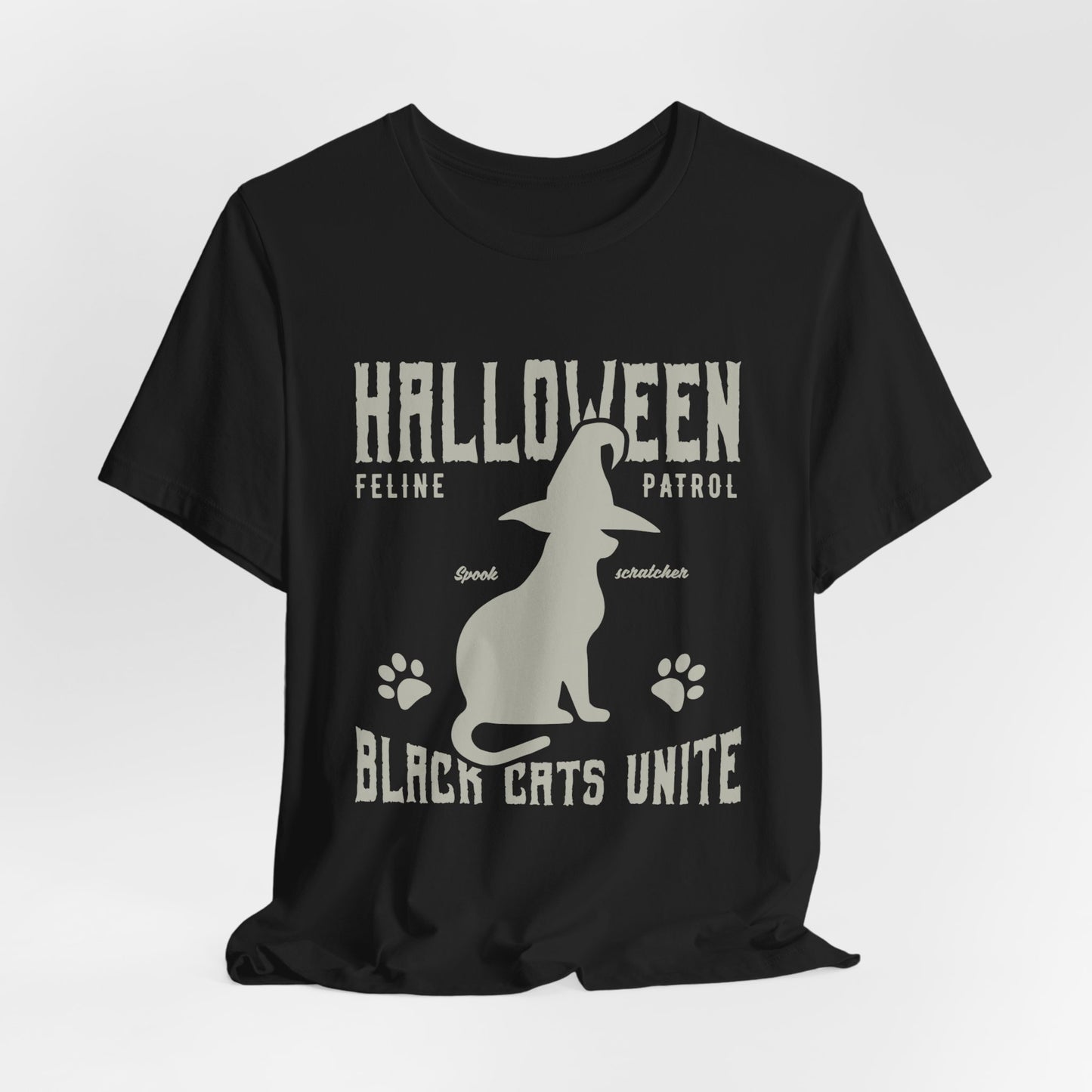 Halloween Feline Patrol, Spook Scratcher, Black Cats Unite  - Unisex Jersey Short Sleeve Tee