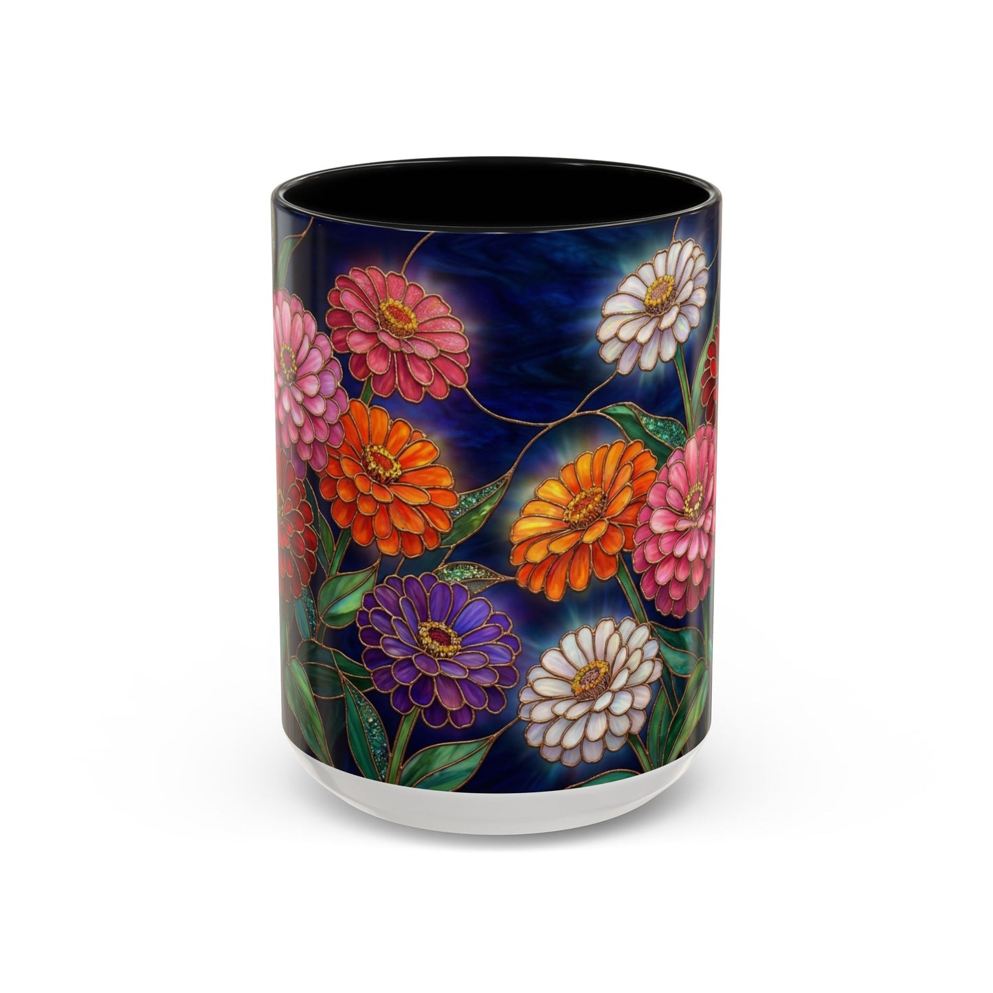 Zinnias Floral Accent Coffee Mug — Stained Glass Design 11/15oz - 14591