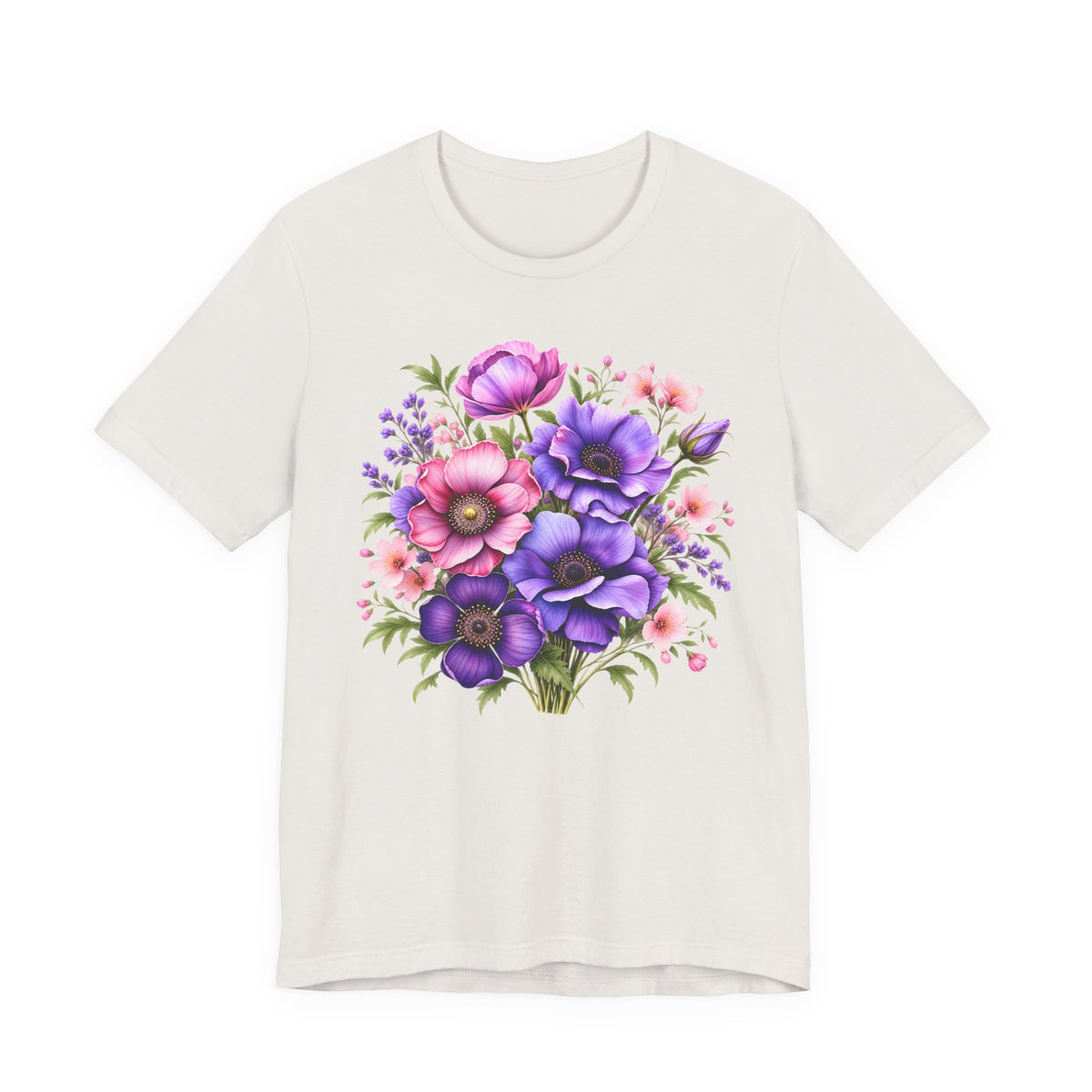 Purple & Pink Floral Bouquet T-Shirt, Colorful Botanical Flower Tee - 14537