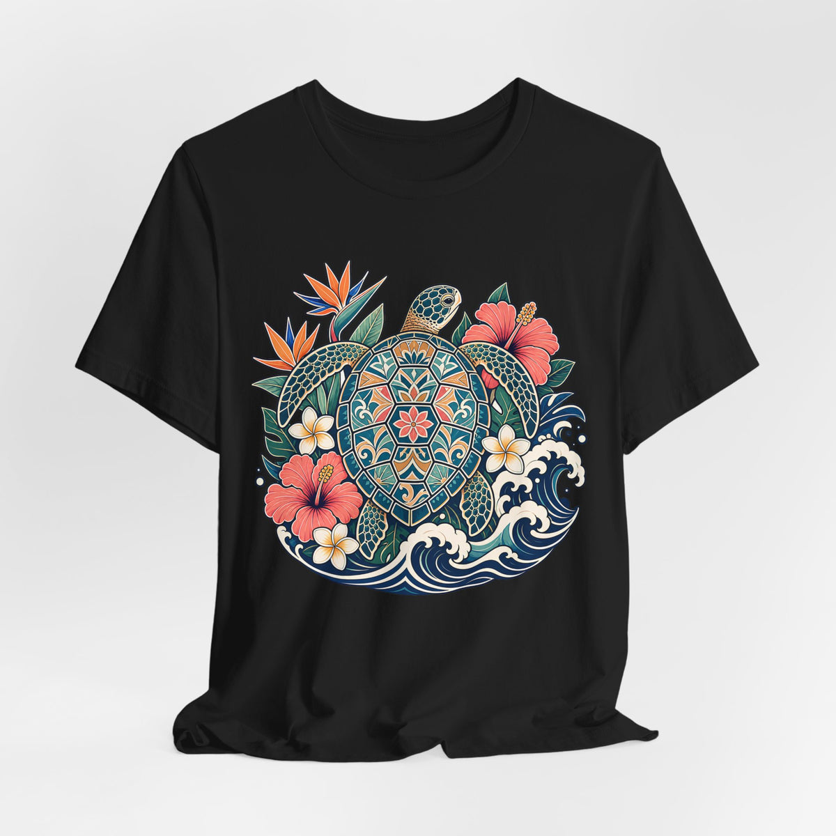 Sea Turtle Floral T-Shirt, Hawaiian Turtle Graphic Tee - 14973