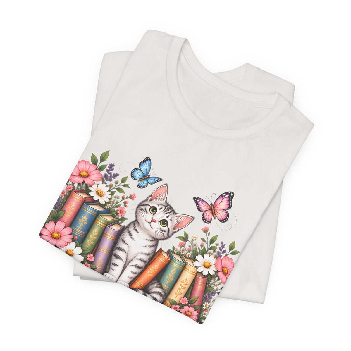 Cat & Books T-Shirt, Cute Floral Kitten & Butterfly Tee - 14526