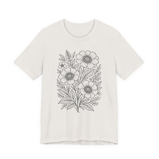Vintage Floral Line Art T-Shirt, Botanical Wildflower Tee - 14561