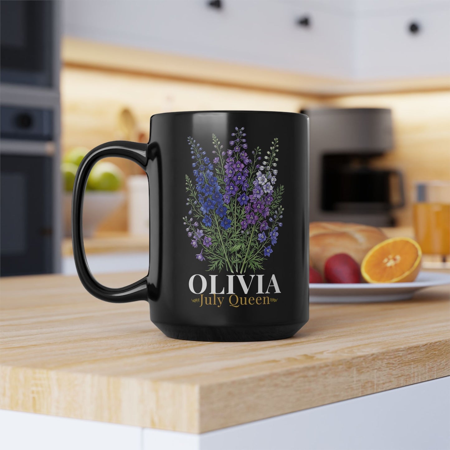 Personalized July Birth Flower Mug – Custom Name Larkspur Floral Coffee Cup, July Queen Gift for Her, Black Mug 11oz 15oz - 14905