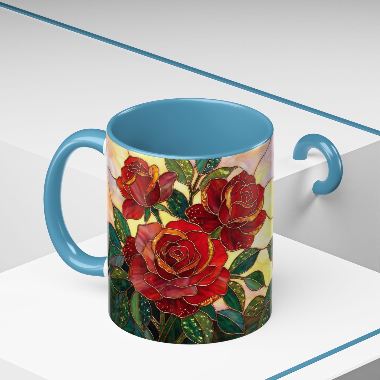 Rose Stained Glass Accent Coffee Mug – Red Roses Floral 11/15oz - 14539