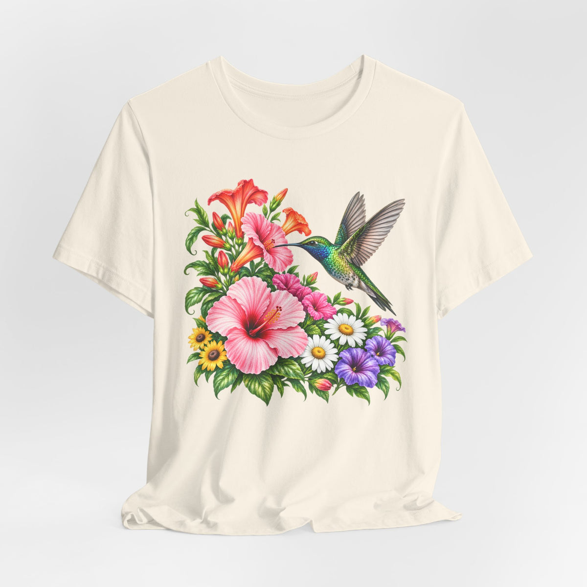 Hummingbird & Hibiscus T-Shirt, Colorful Tropical Floral Garden Tee - 14542