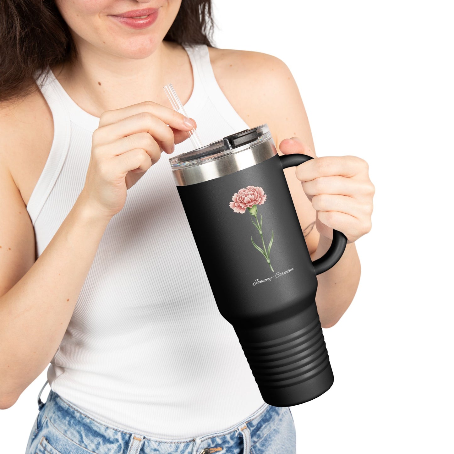 Carnation Floral Tumbler – January Birth Flower Gift | 40oz Insulated Travel Mug, Customizable — 14667