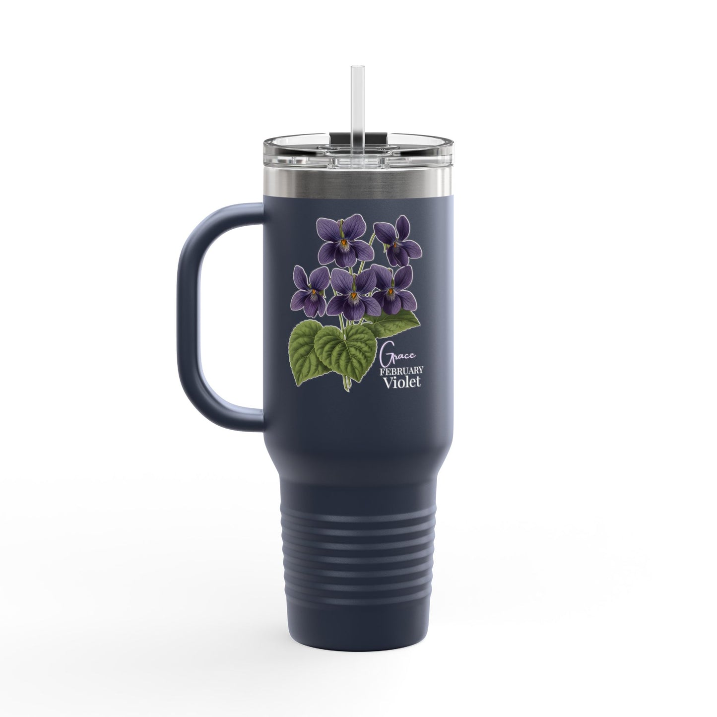 Violet Floral Tumbler – February Birth Flower Gift | 40oz Insulated Travel Mug, Customizable — 14688