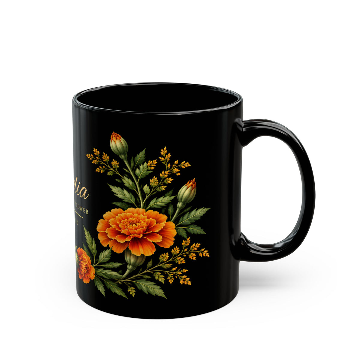 Personalized October Birth Flower Mug,  Marigold Black Coffee Cup, Custom Name 11oz/15oz - 14976