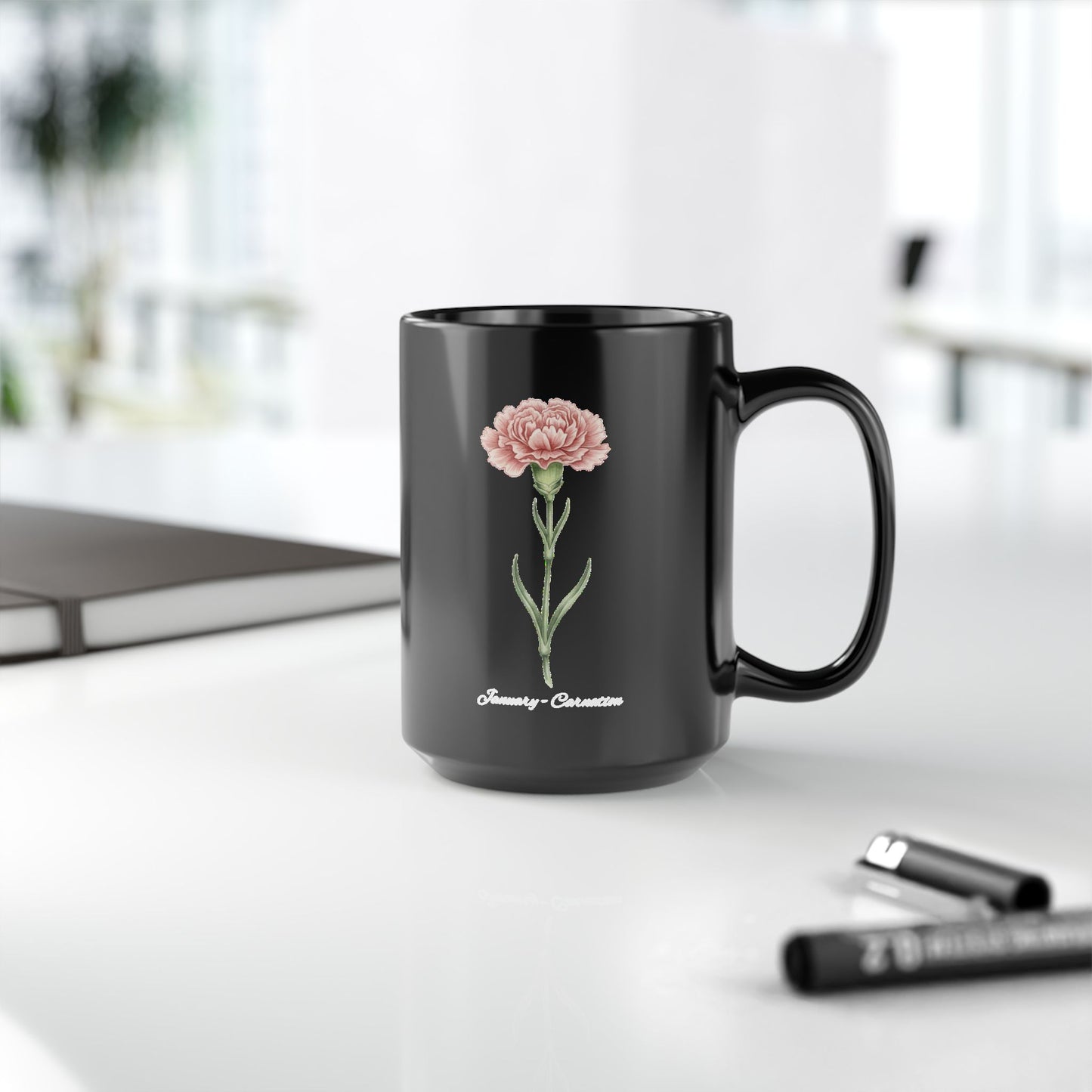 January Carnation Birth Flower Black Mug – Customizable (11oz & 15oz) - 14670