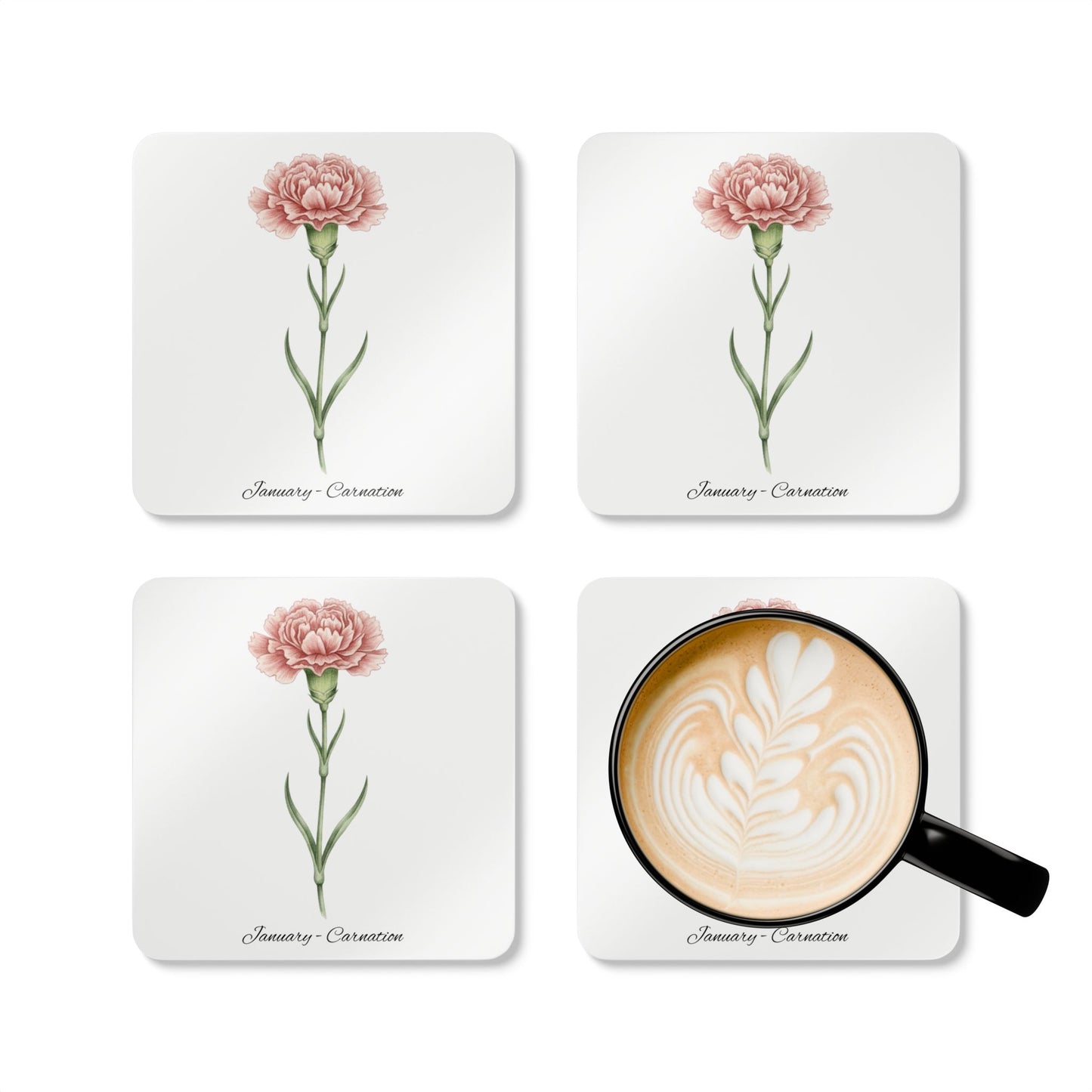 January Birth Flower Carnation Cork Coaster Set – Personalized Name Gift - 14693