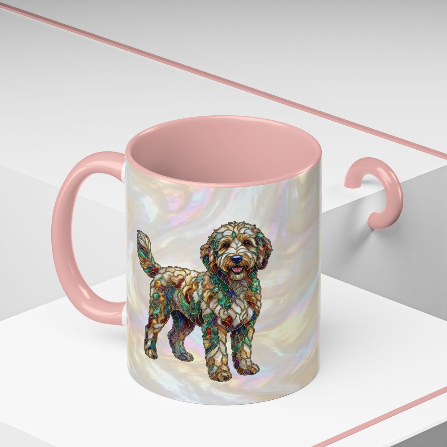 Personalized Dog (Goldendoodle) Coffee Mug - Accent Ceramic Mug with Name and Stained Glass Design - 14530