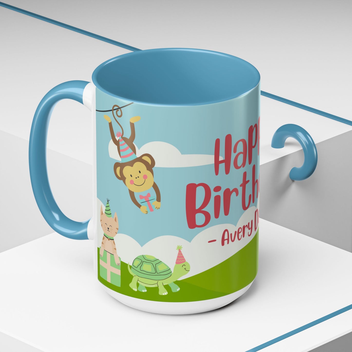 Cute Animals, Happy Birthday, Name Customizable - Accent Coffee Mug (11, 15oz) - 11140