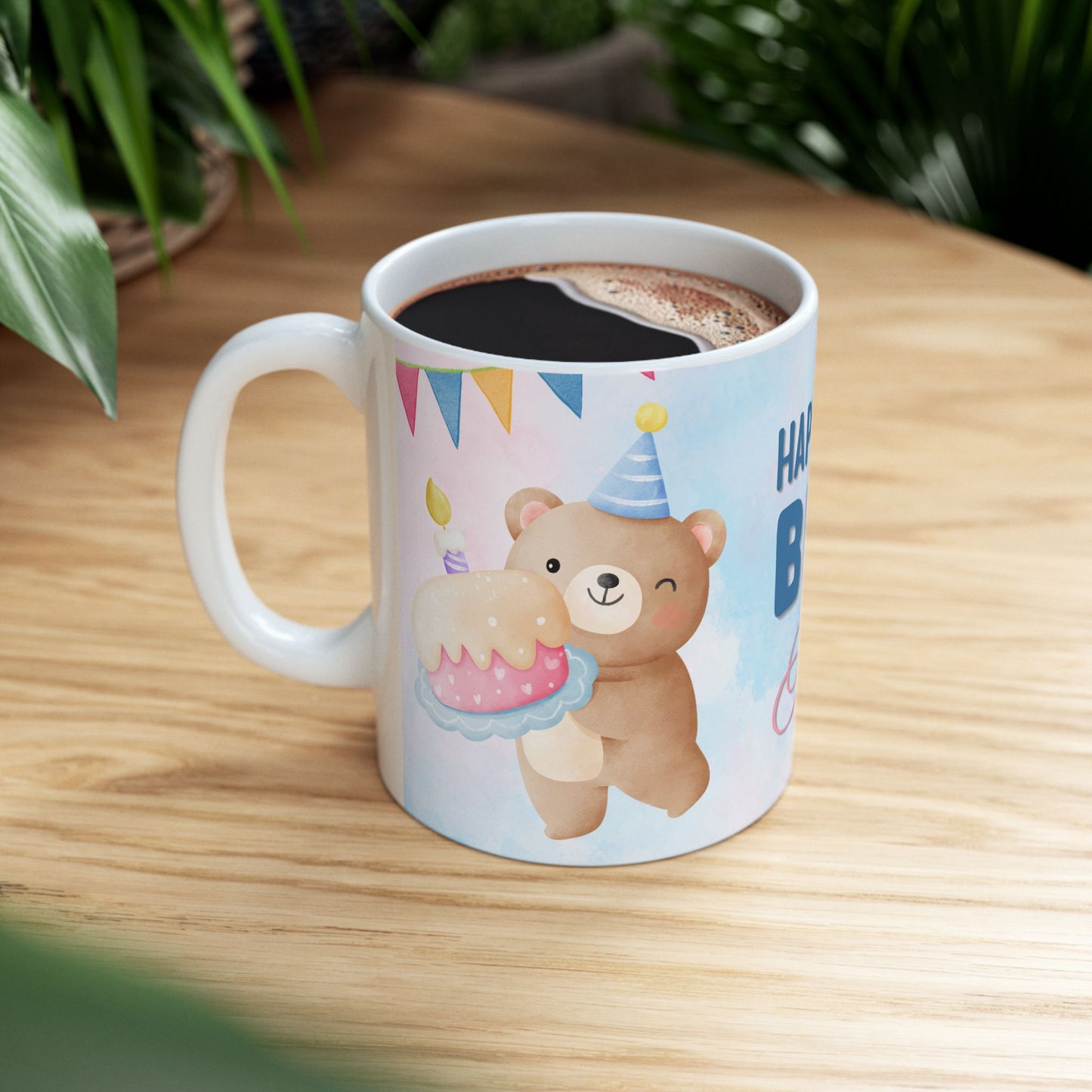 Happy Birthday Ceramic Mug, Customizable Gift, Party Favor, 1st Birthday Keepsake, Cute Bear Design - 13956