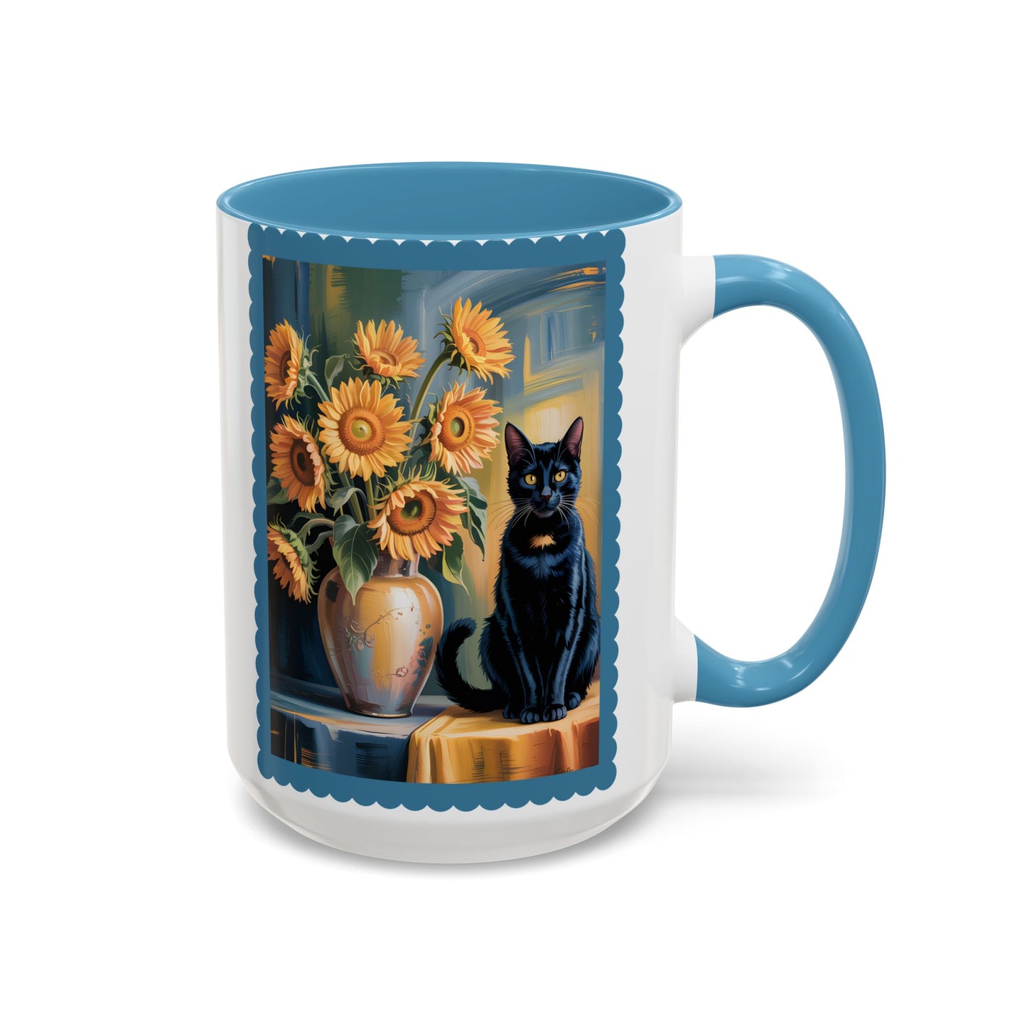 Van Gogh Style Black Cat & Sunflowers Accent Mug – Art Lover Coffee Cup (11oz / 15oz) - 14765