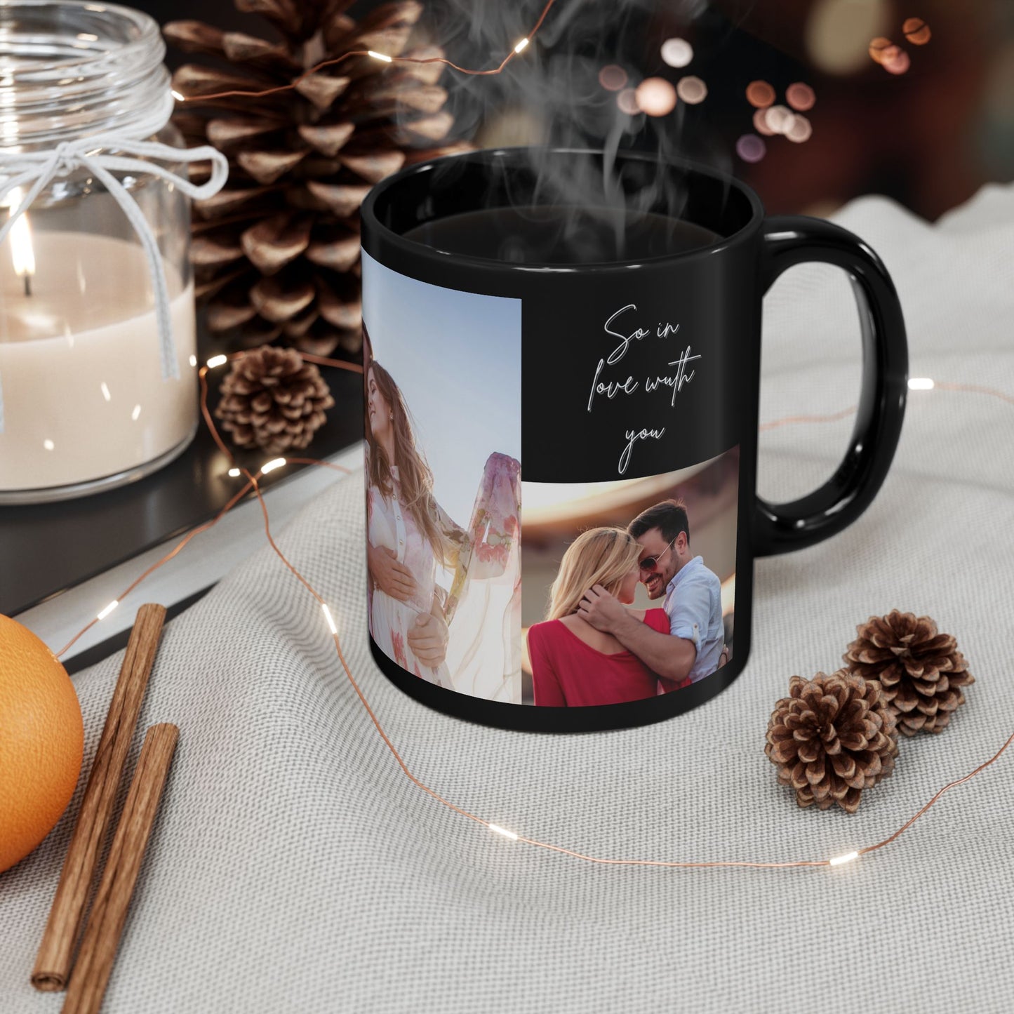 Happy Valentine's Day, Couple's Photos, Customizable - Black Mug (11oz, 15oz) - 11004