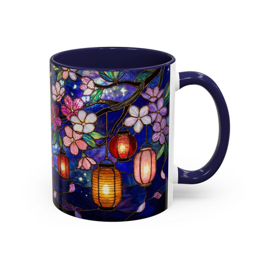 Cherry Blossom Lantern Coffee Mug — Floral Night Sky, Stained Glass Design (11/15 oz) - 14533
