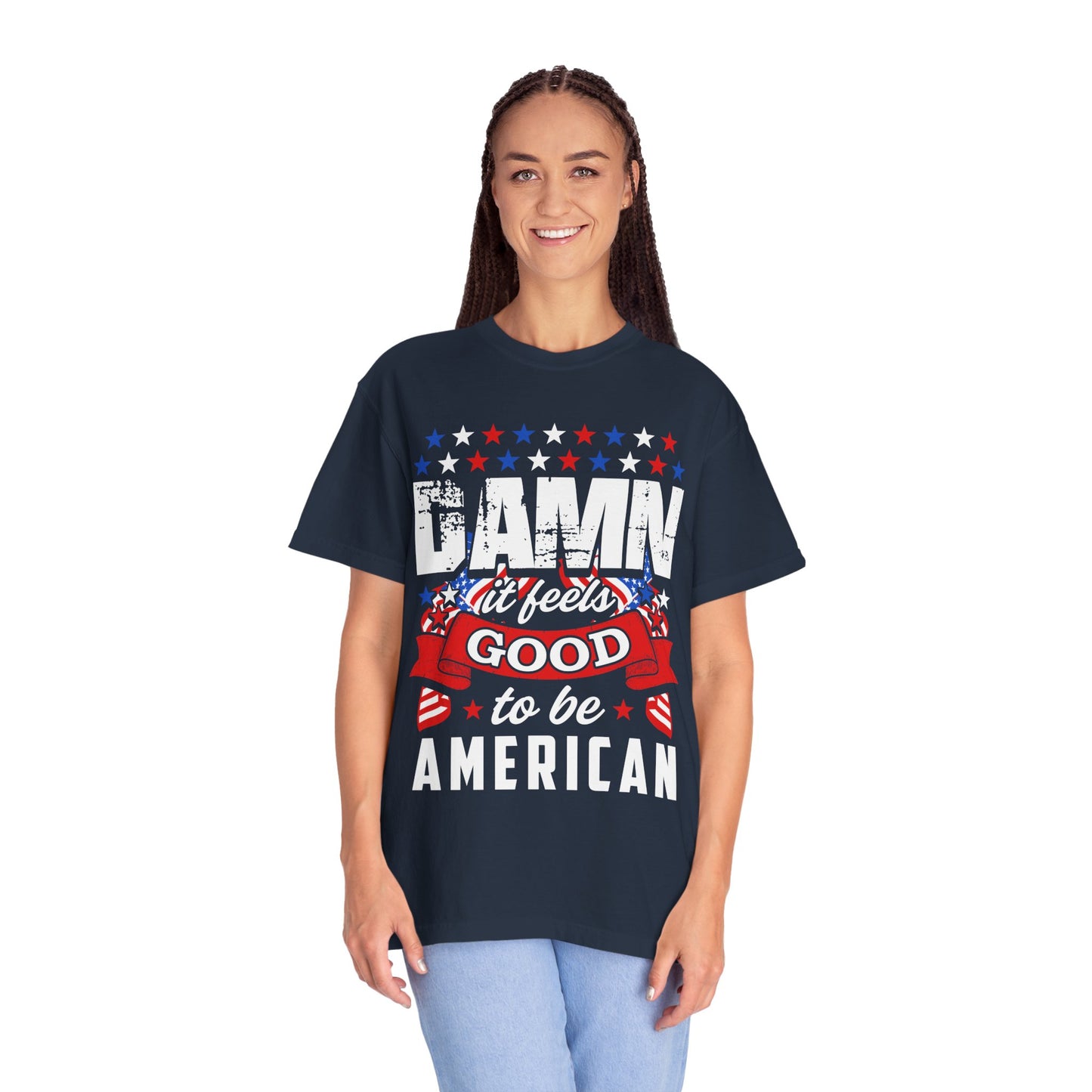 Patriotic T-Shirt with 'Damn it feels Good to be American' Design, Great for 4th of July, BBQs, and Casual Outings, Unisex Top - 13600