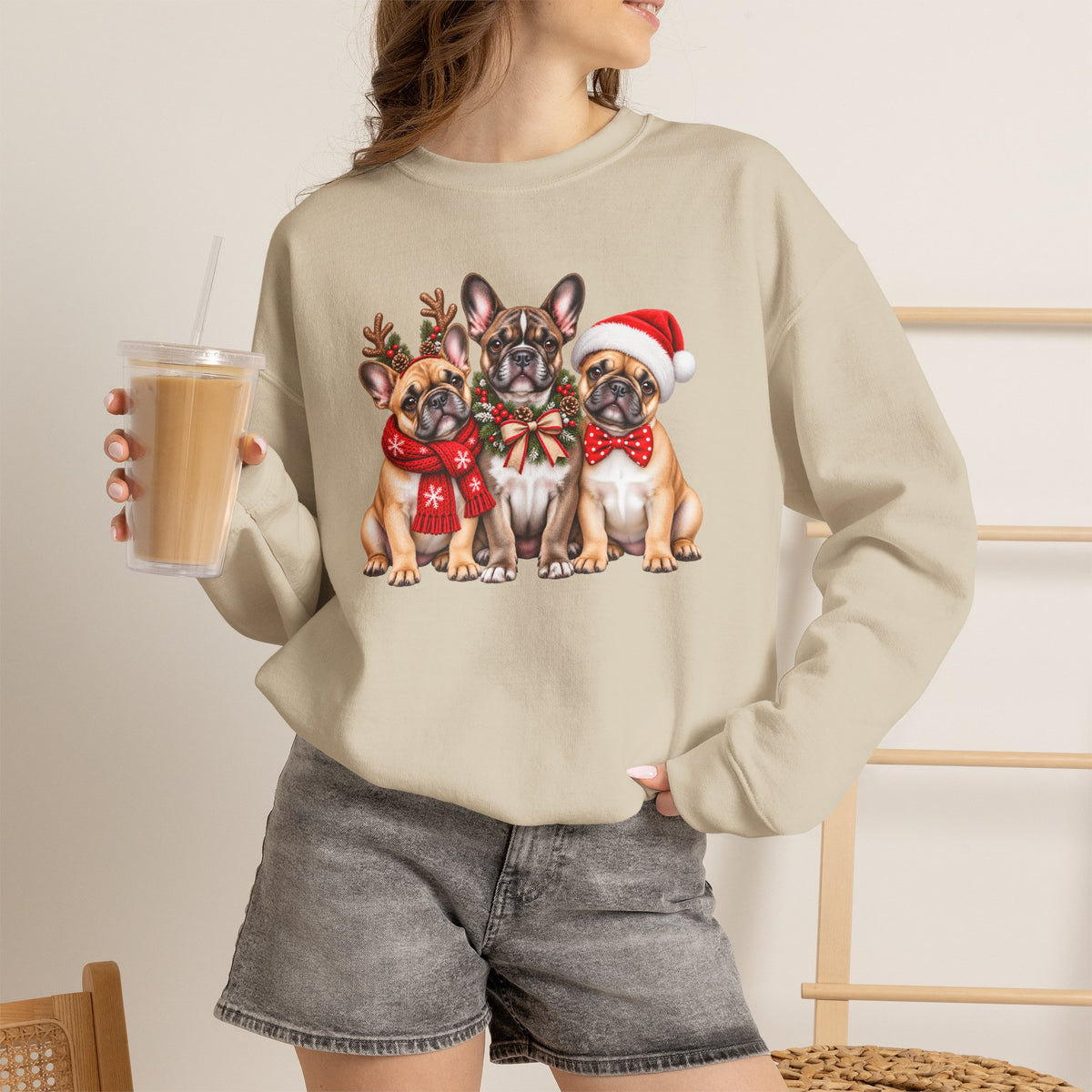 Christmas French Bulldog Sweatshirt, Cute Festive Frenchie Crewneck - 14556